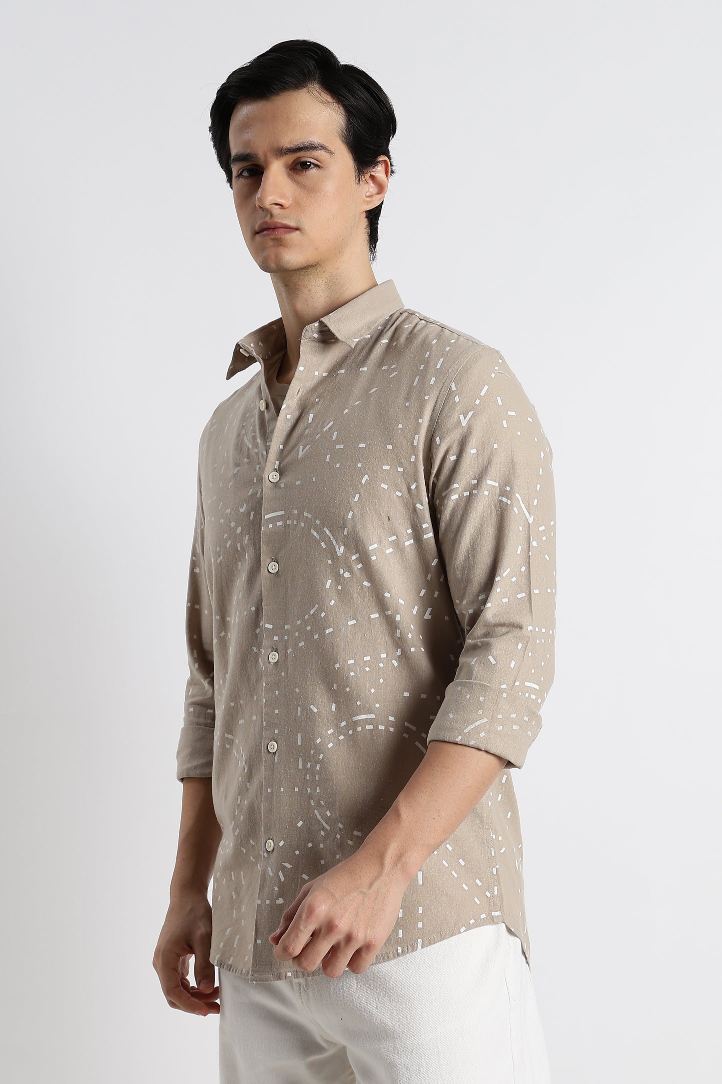 Abstract Geo-Print Shirt in Cotton Linen Beige
