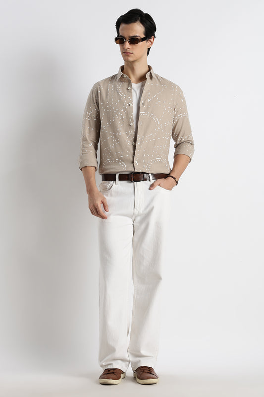 Abstract Geo-Print Shirt in Cotton Linen Beige