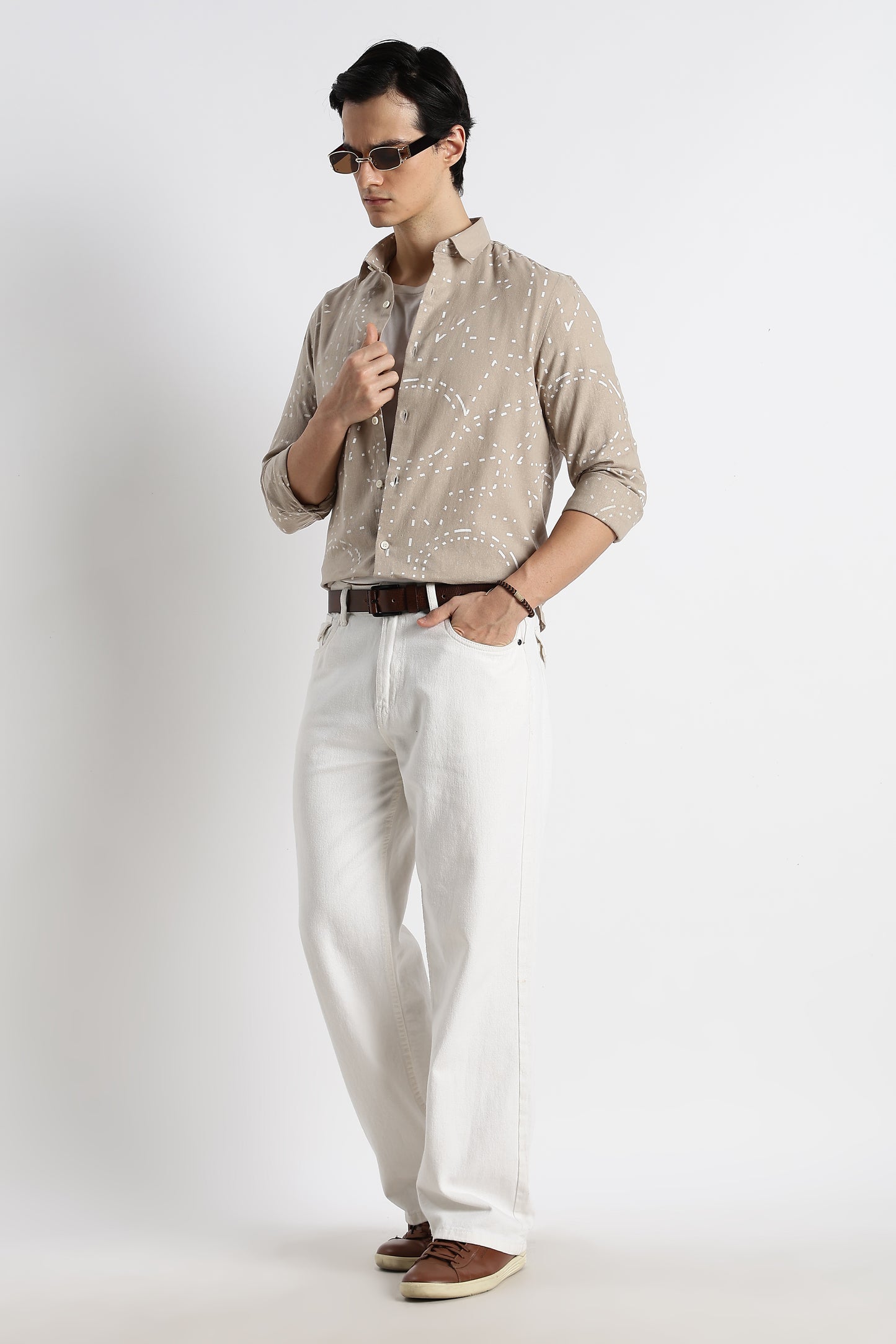 Abstract Geo-Print Shirt in Cotton Linen Beige