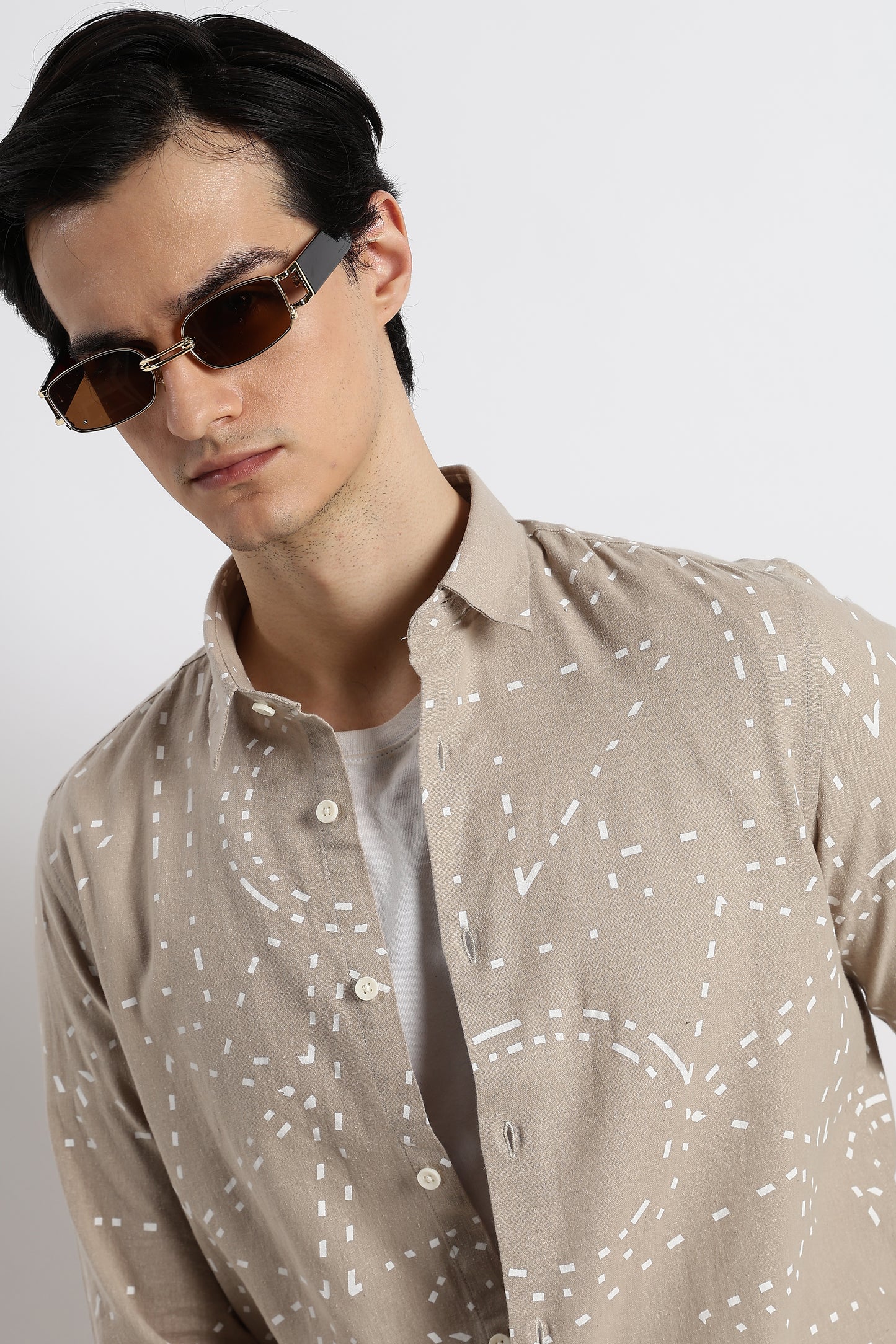 Abstract Geo-Print Shirt in Cotton Linen Beige