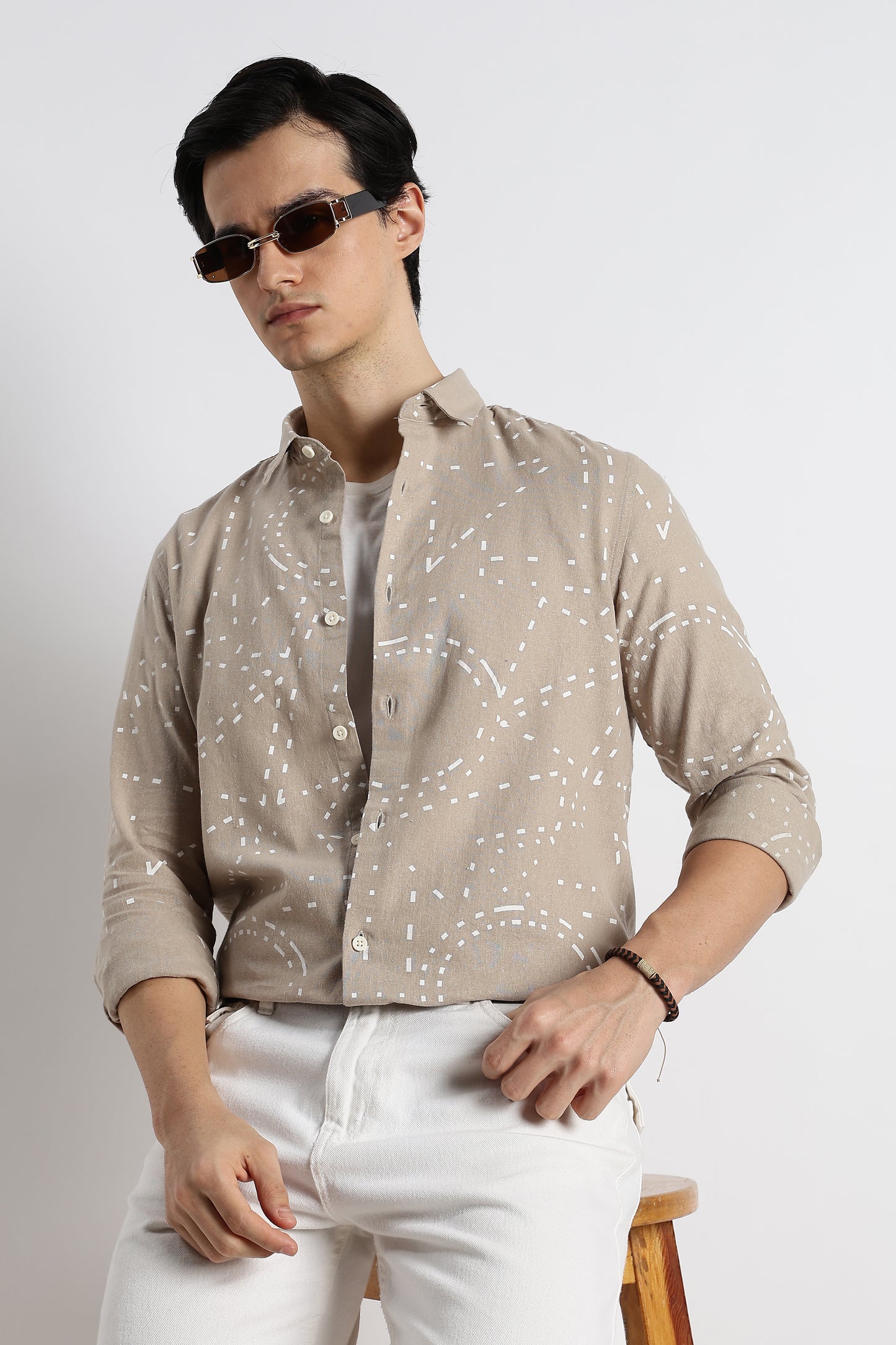 Abstract Geo-Print Shirt in Cotton Linen Beige