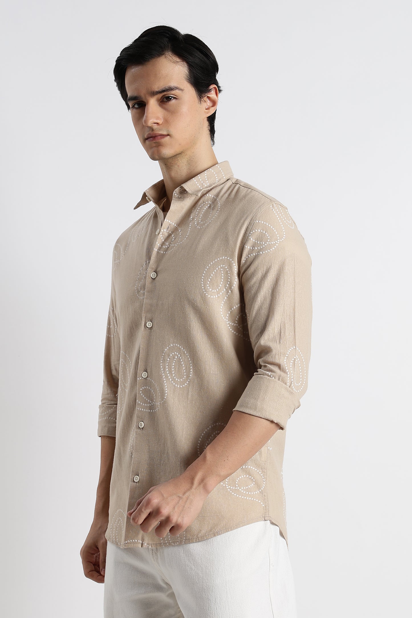 Dotted Swirl Printed Cotton Linen Shirt Cream