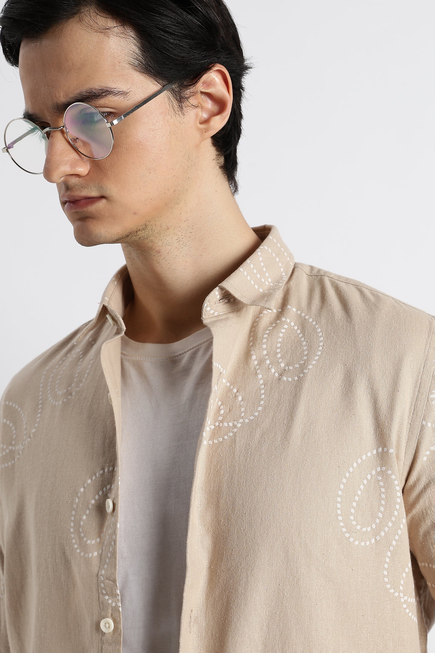 Dotted Swirl Printed Cotton Linen Shirt Cream