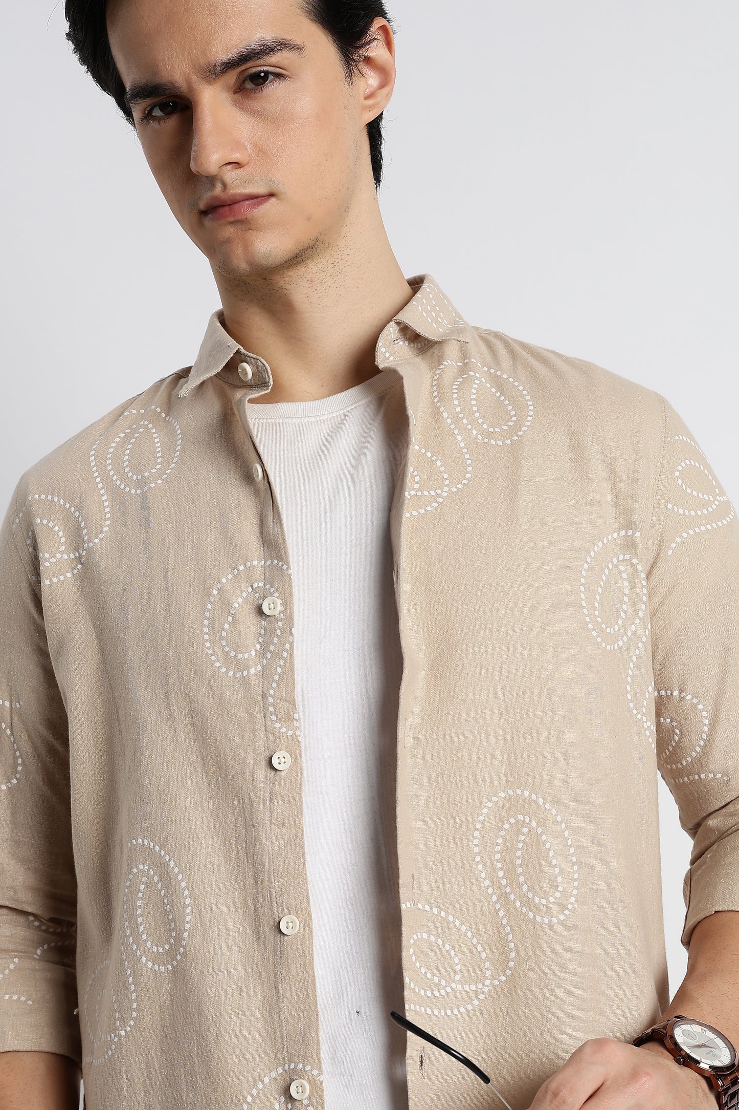 Dotted Swirl Printed Cotton Linen Shirt Cream