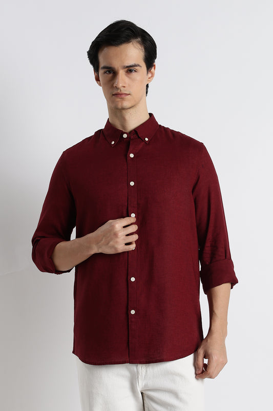 Minimal Cotton-Linen Shirt Maroon