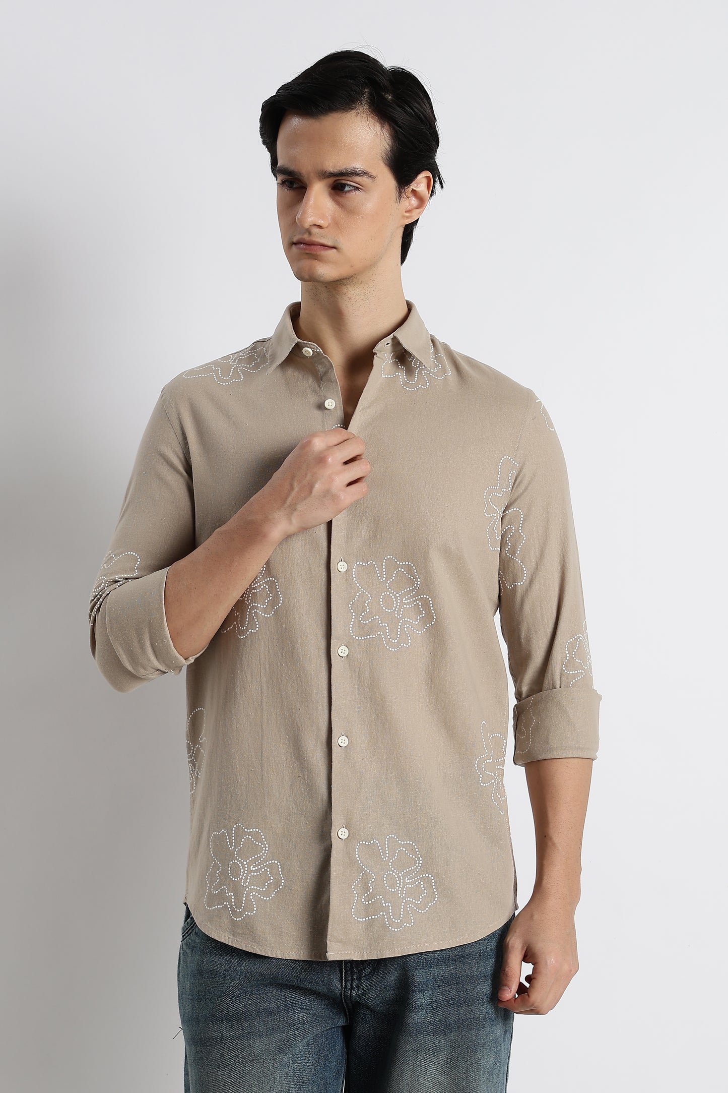 Floral Dot-Print Cotton Shirt Beige