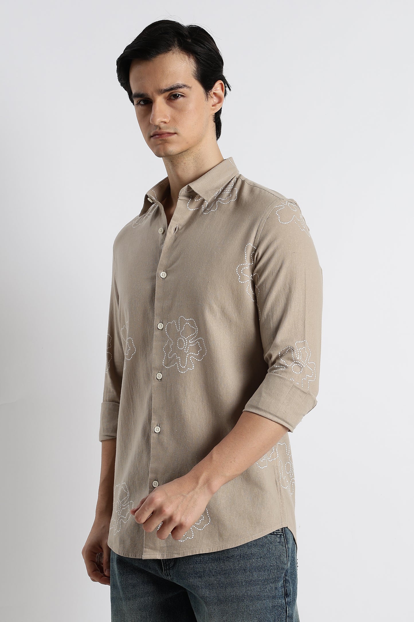 Floral Dot-Print Cotton Shirt Beige