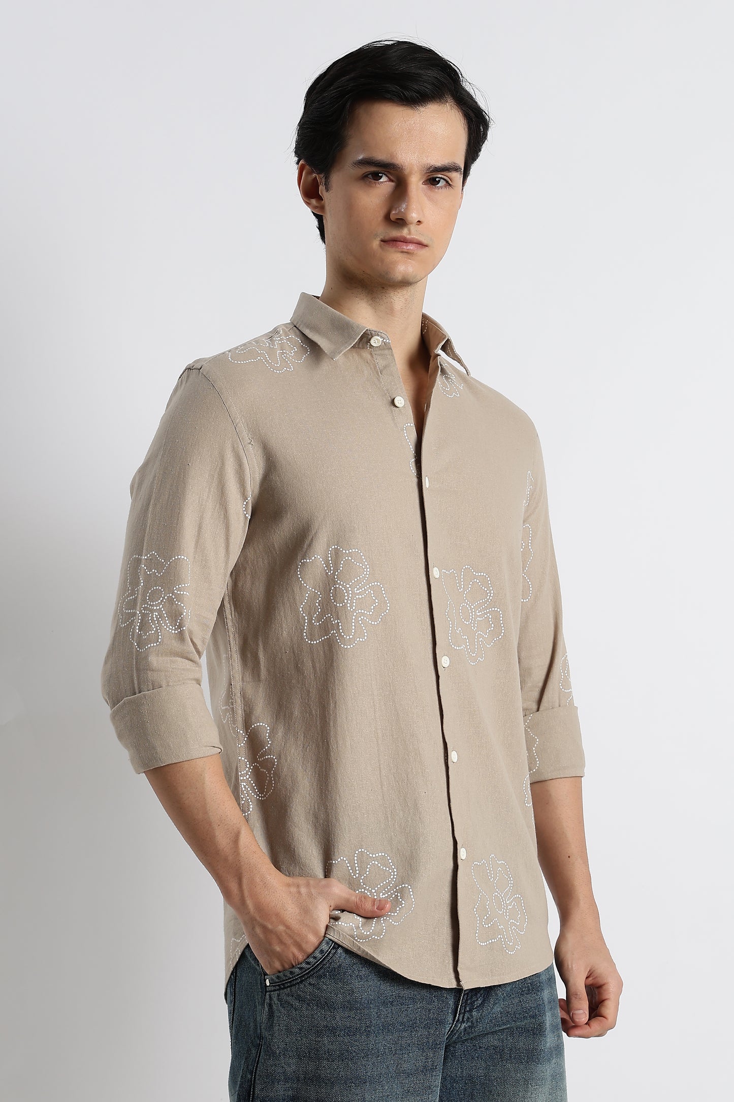 Floral Dot-Print Cotton Shirt Beige
