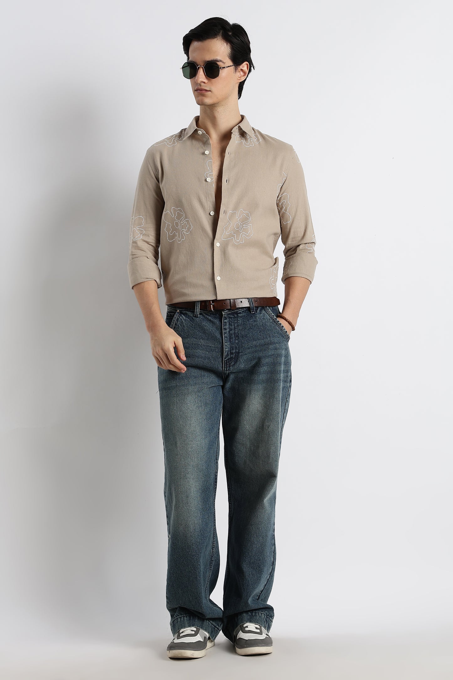 Floral Dot-Print Cotton Shirt Beige