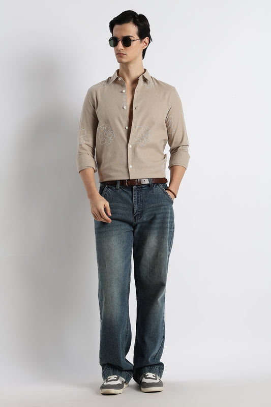 Floral Dot-Print Cotton Shirt Beige