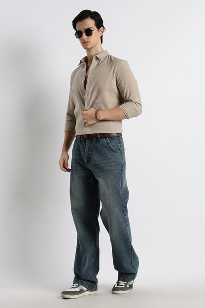 Floral Dot-Print Shirt Beige