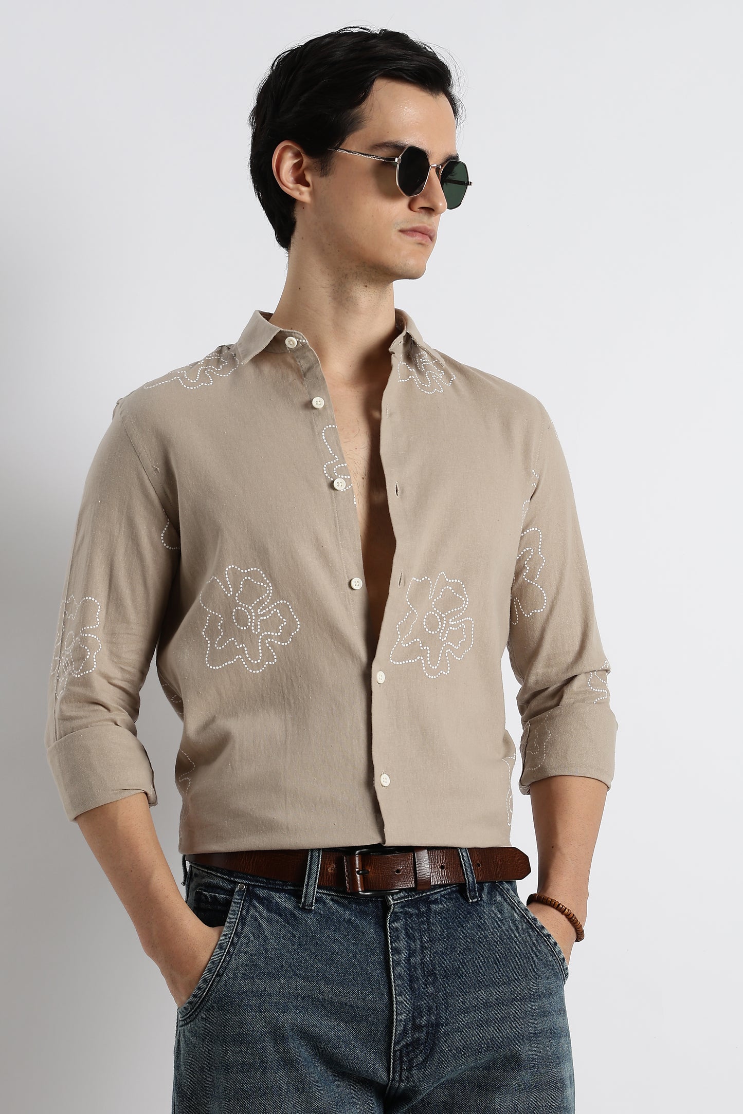 Floral Dot-Print Cotton Shirt Beige