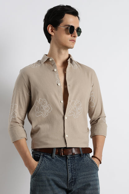 Floral Dot-Print Shirt Beige