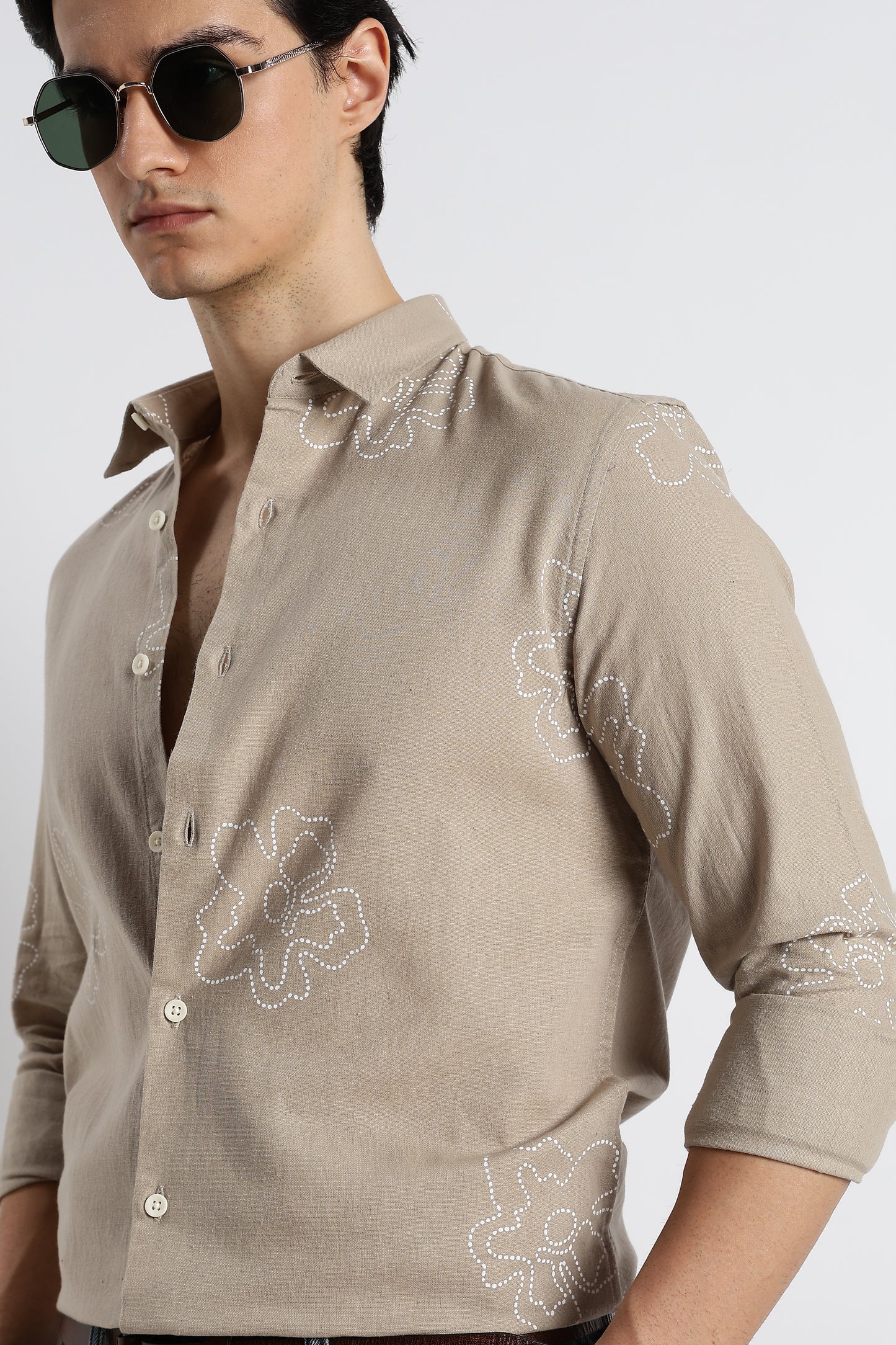 Floral Dot-Print Cotton Shirt Beige