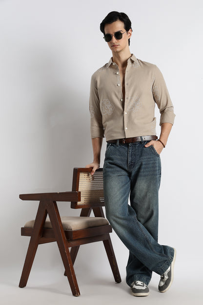 Floral Dot-Print Shirt Beige