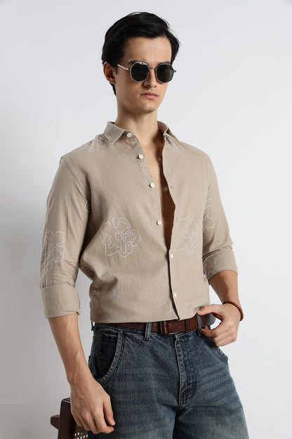 Floral Dot-Print Shirt Beige