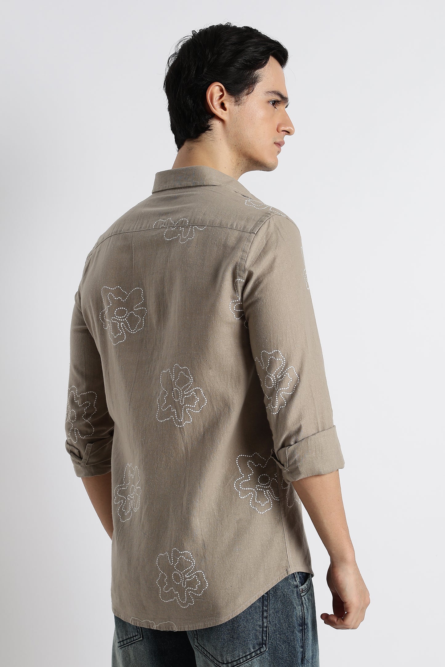 Floral Dot-Print Cotton Shirt Grey