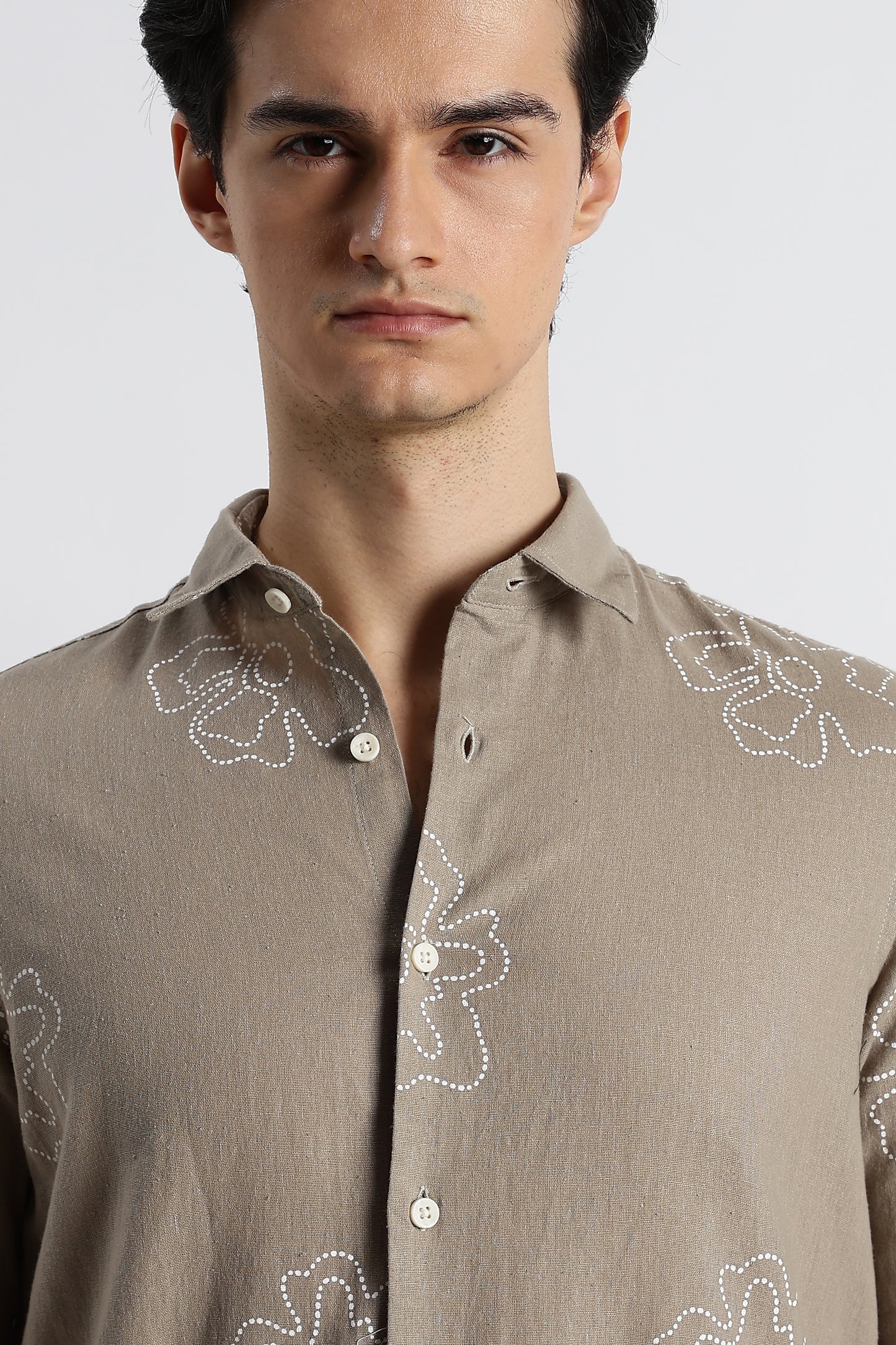 Floral Dot-Print Cotton Shirt Grey