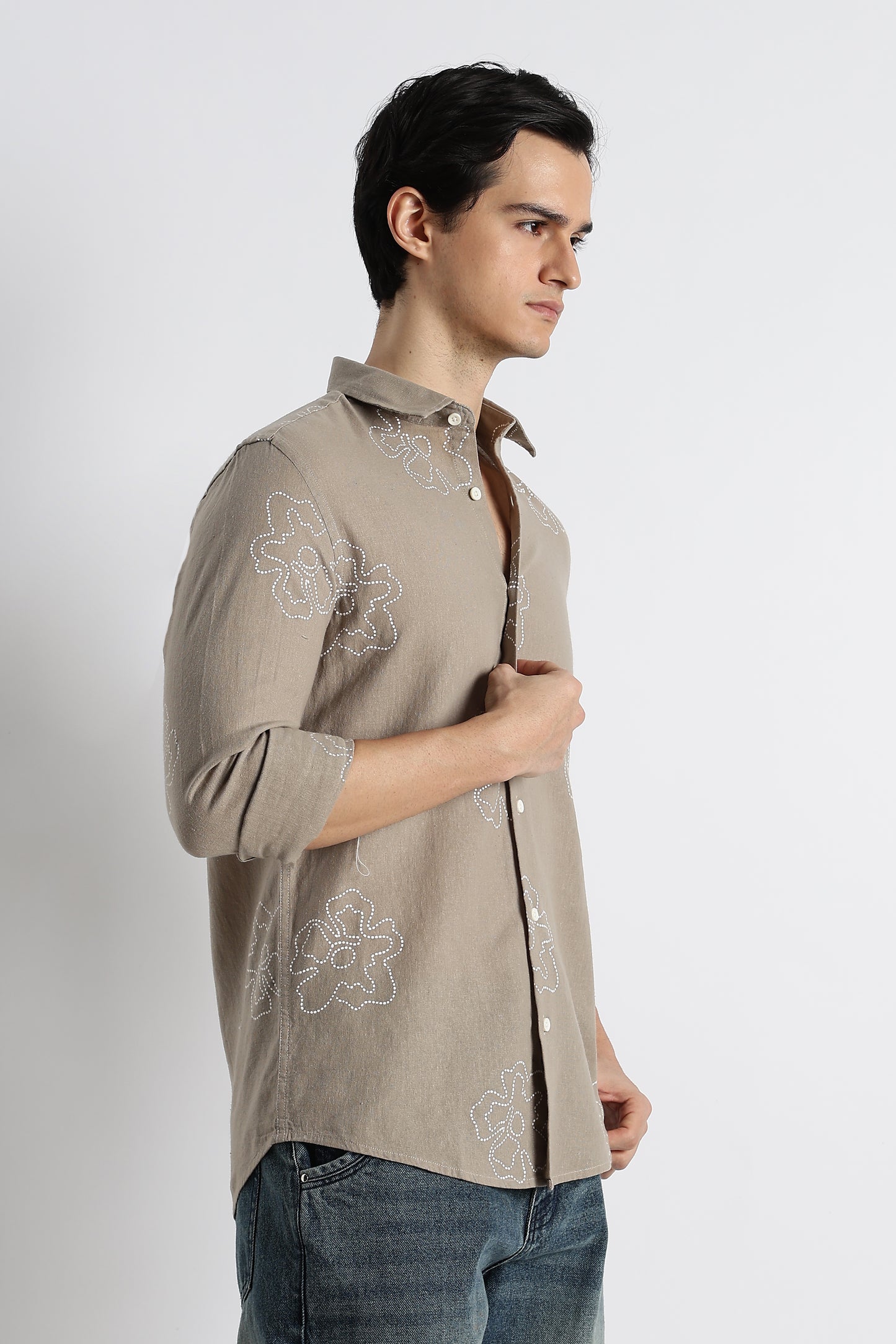 Floral Dot-Print Cotton Shirt Grey