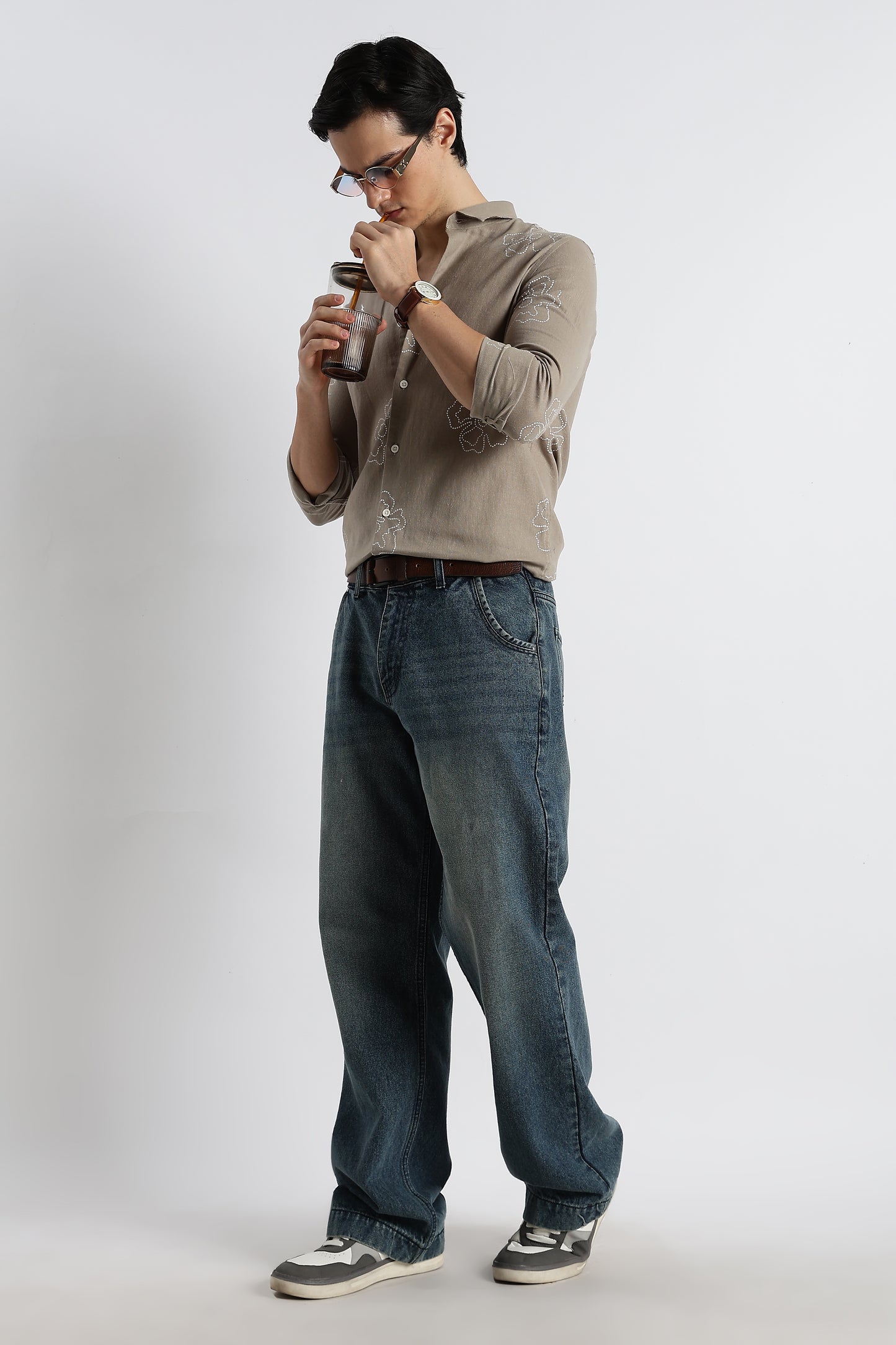 Floral Dot-Print Cotton Shirt Grey