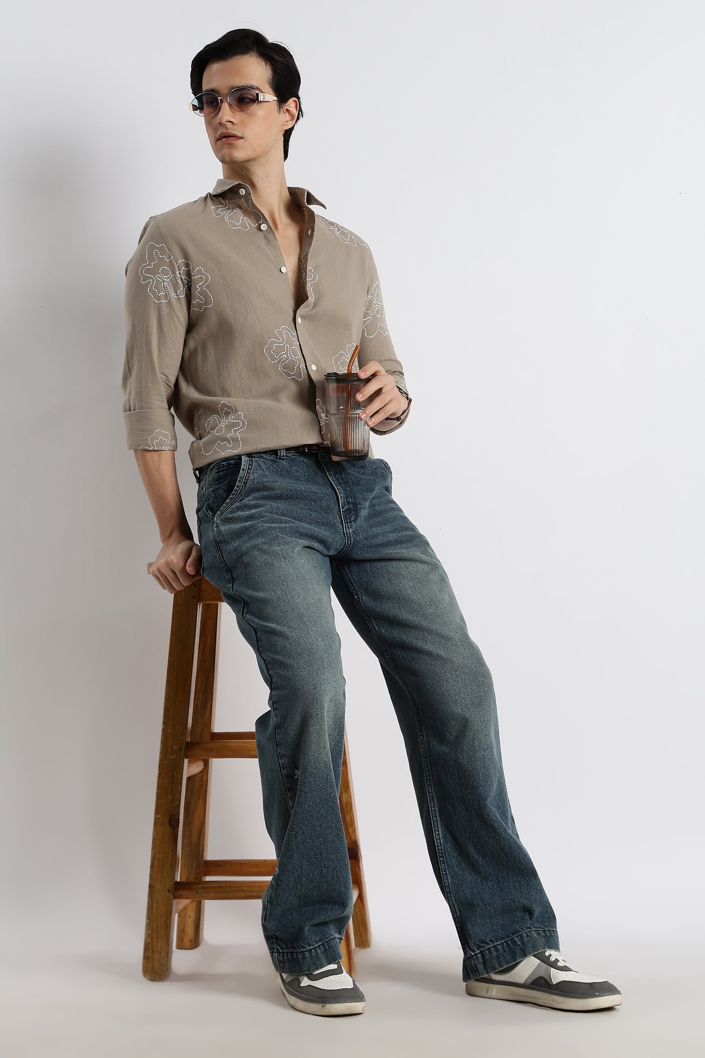 Floral Dot-Print Cotton Shirt Grey