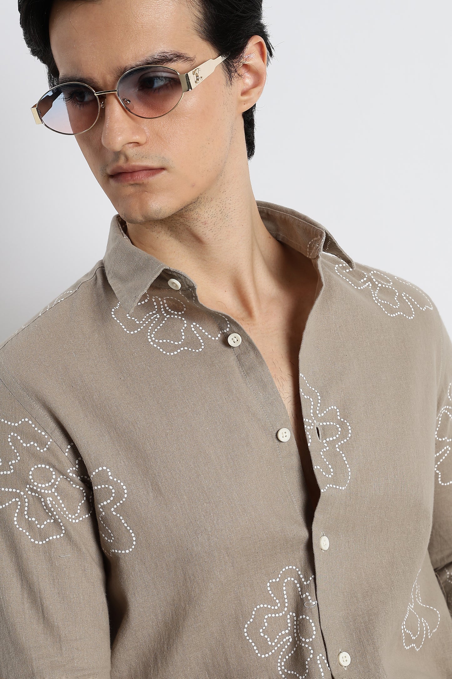 Floral Dot-Print Cotton Shirt Grey