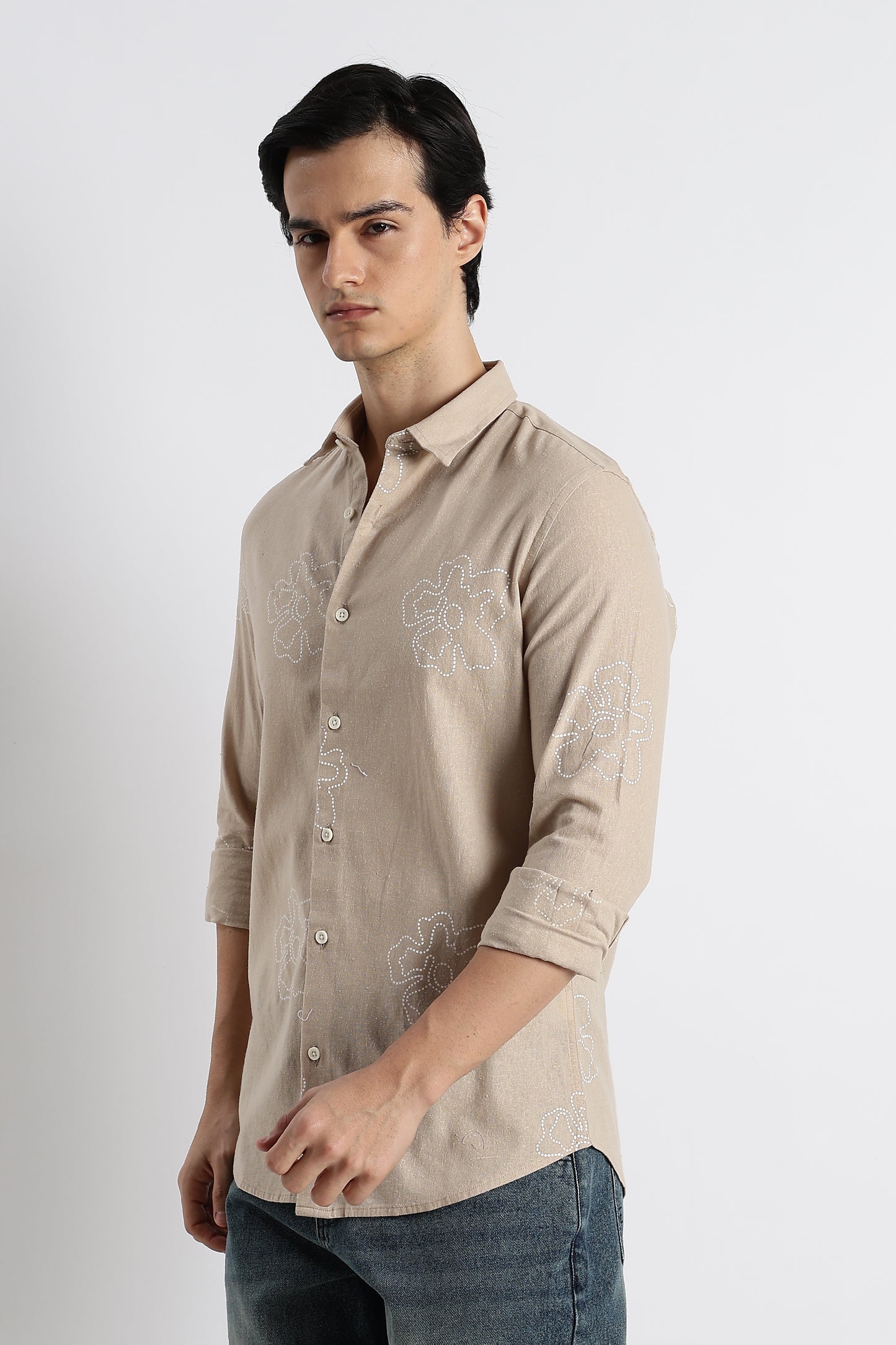 Floral Dot-Print Cotton Shirt Cream
