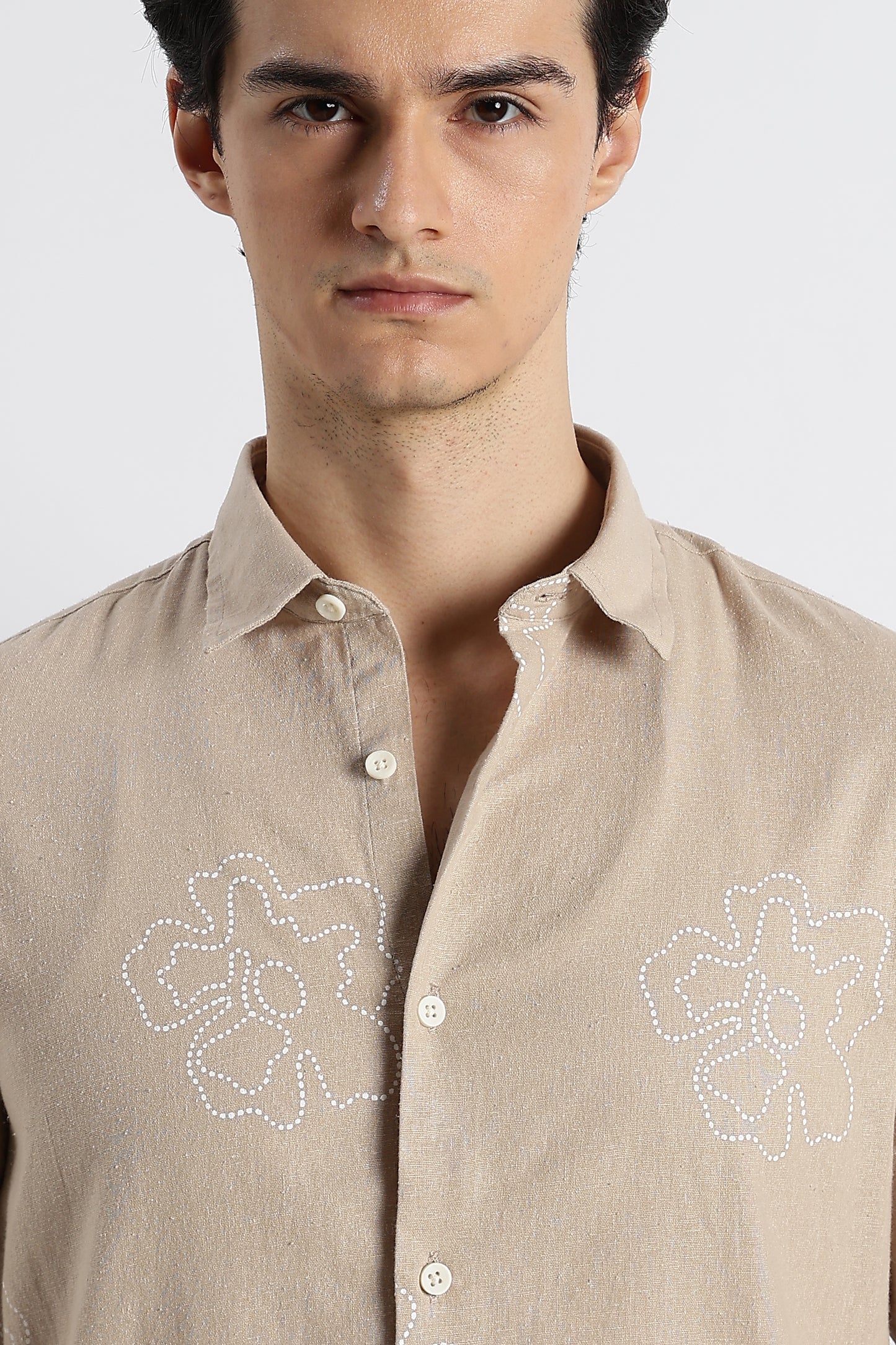 Floral Dot-Print Cotton Shirt Cream