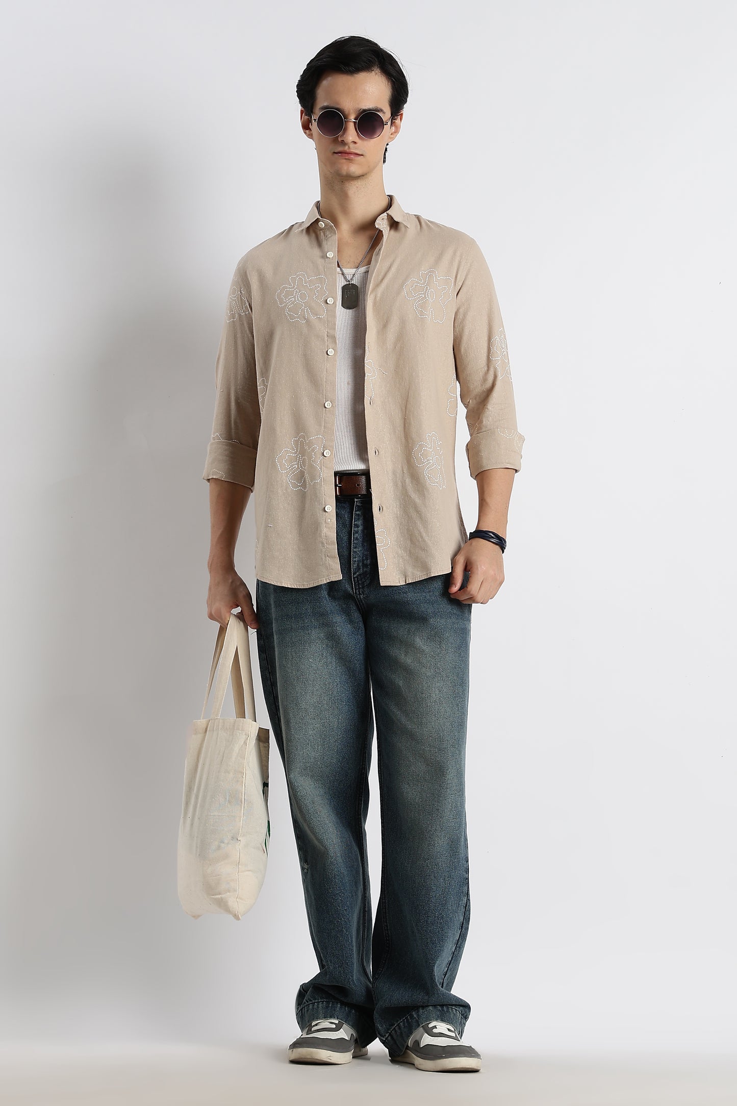 Floral Dot-Print Cotton Shirt Cream