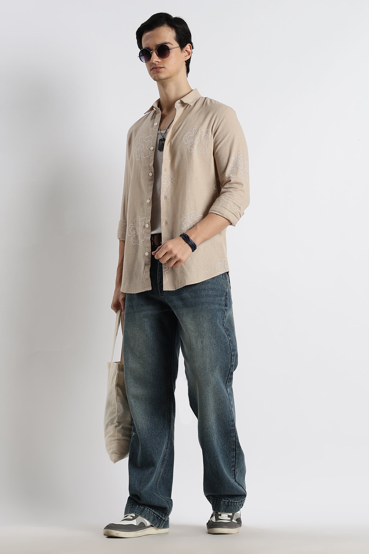 Floral Dot-Print Cotton Shirt Cream