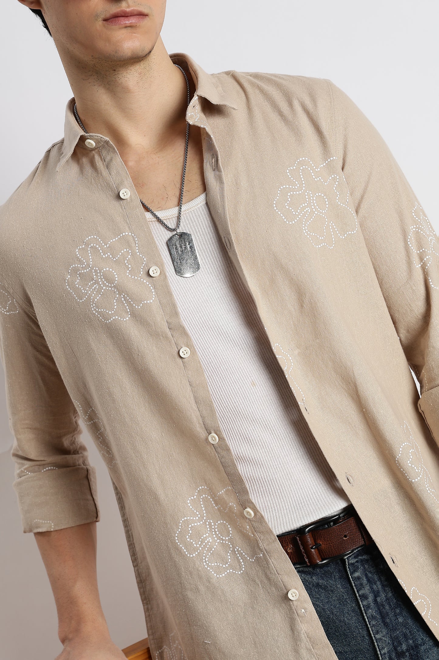 Floral Dot-Print Cotton Shirt Cream