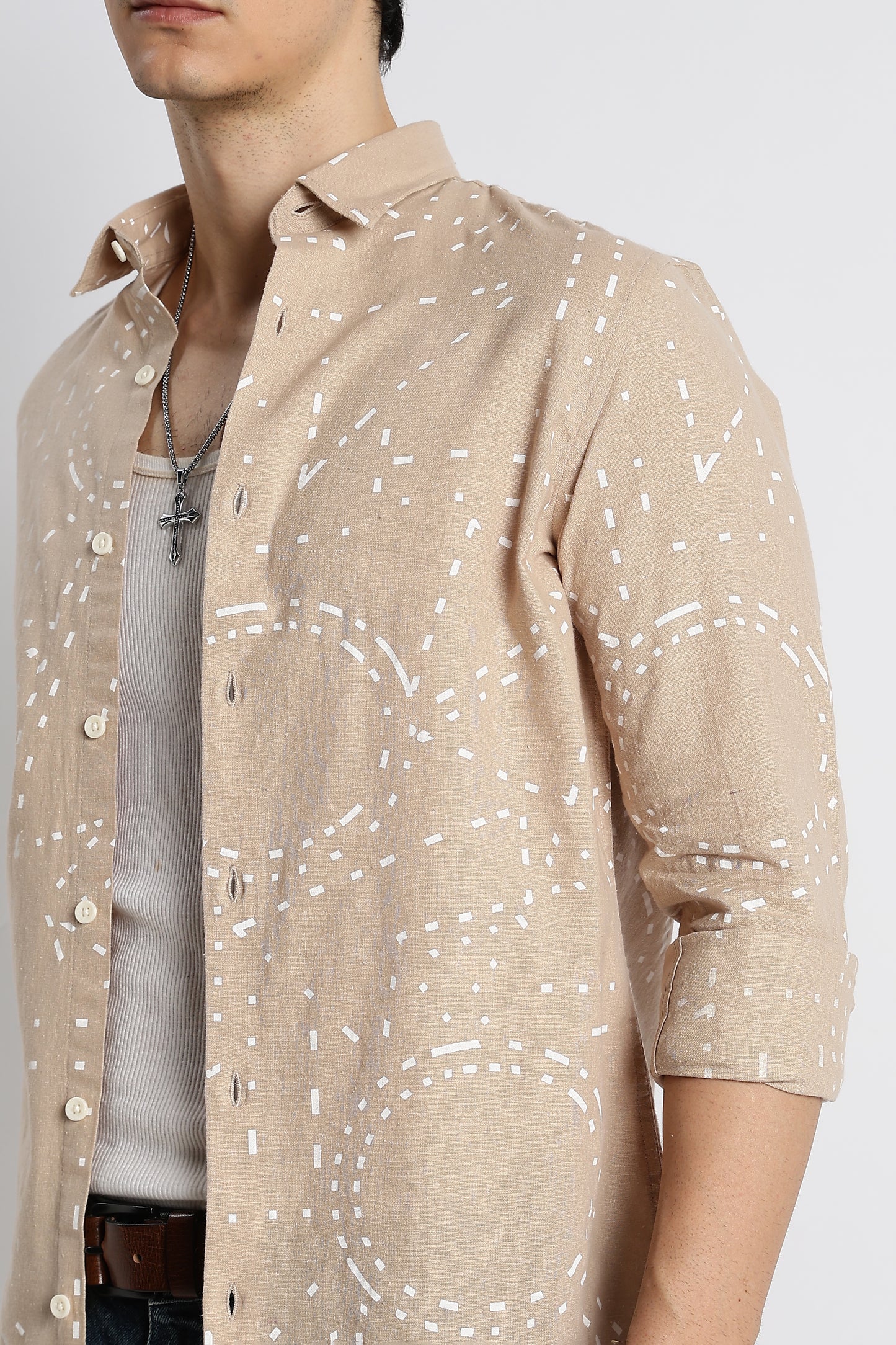 Abstract Geo-Print Shirt in Cotton Linen Cream