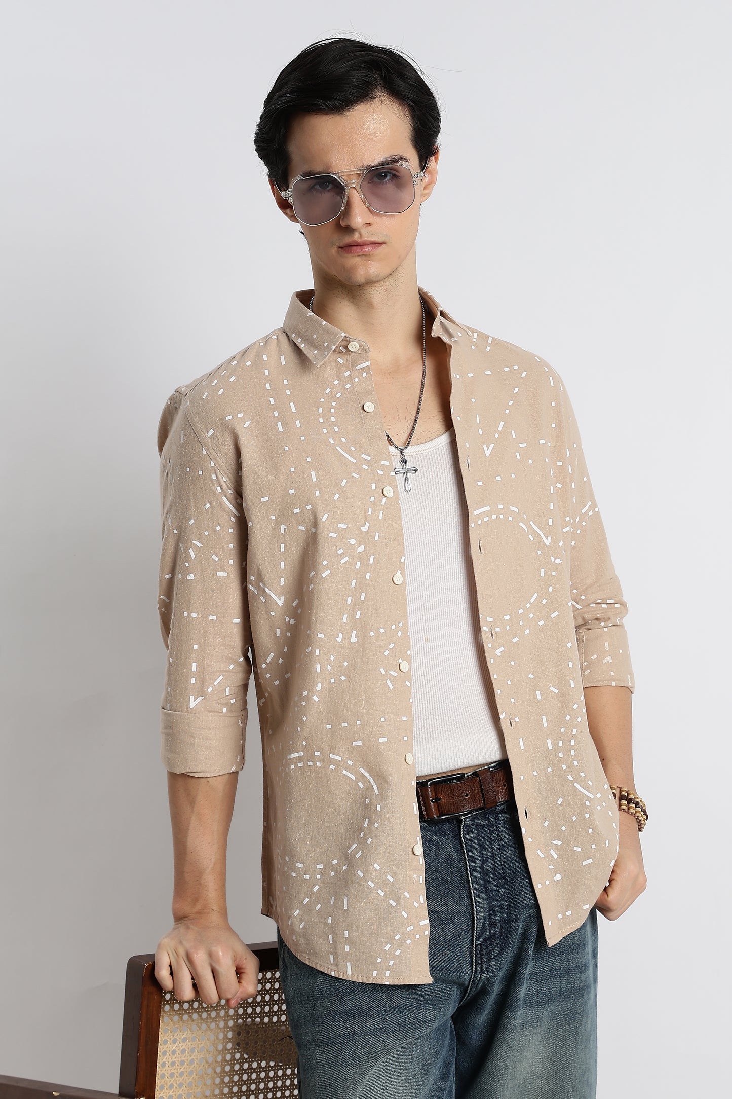 Abstract Geo-Print Shirt in Cotton Linen Cream