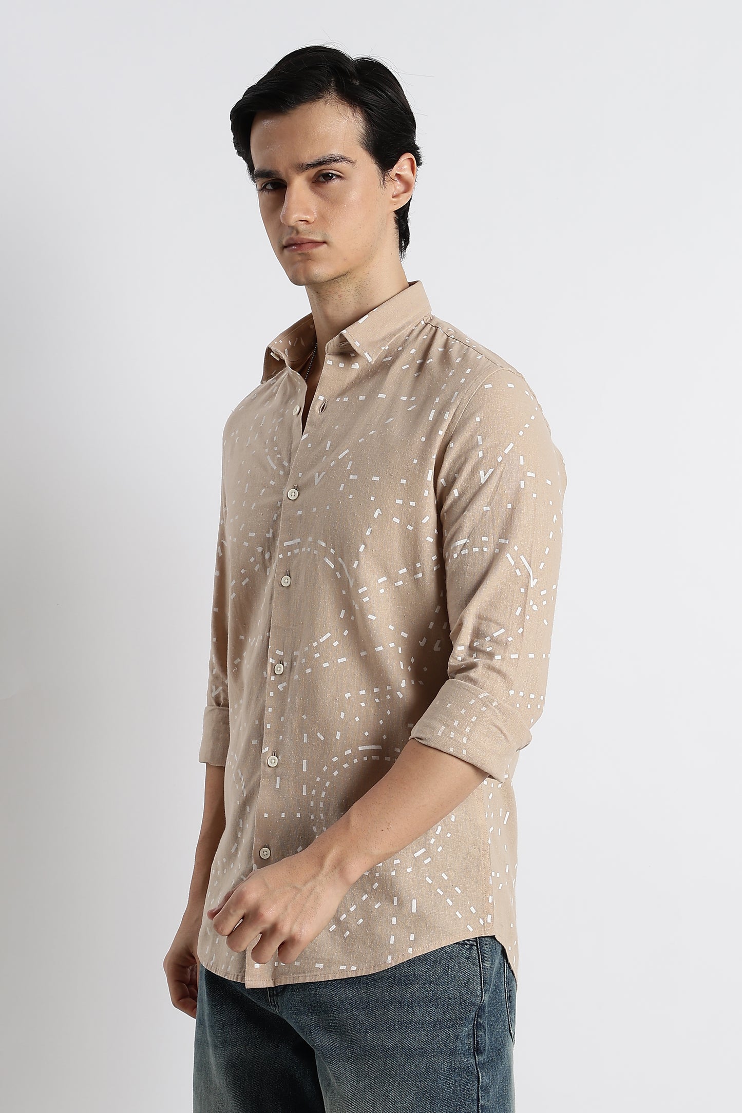 Abstract Geo-Print Shirt in Cotton Linen Cream