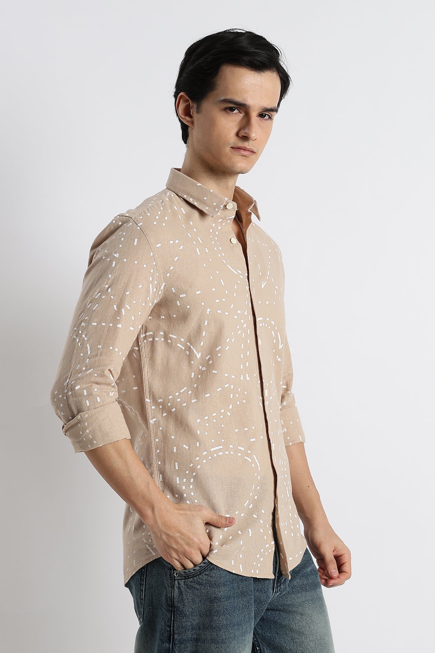 Abstract Geo-Print Shirt in Cotton Linen Cream