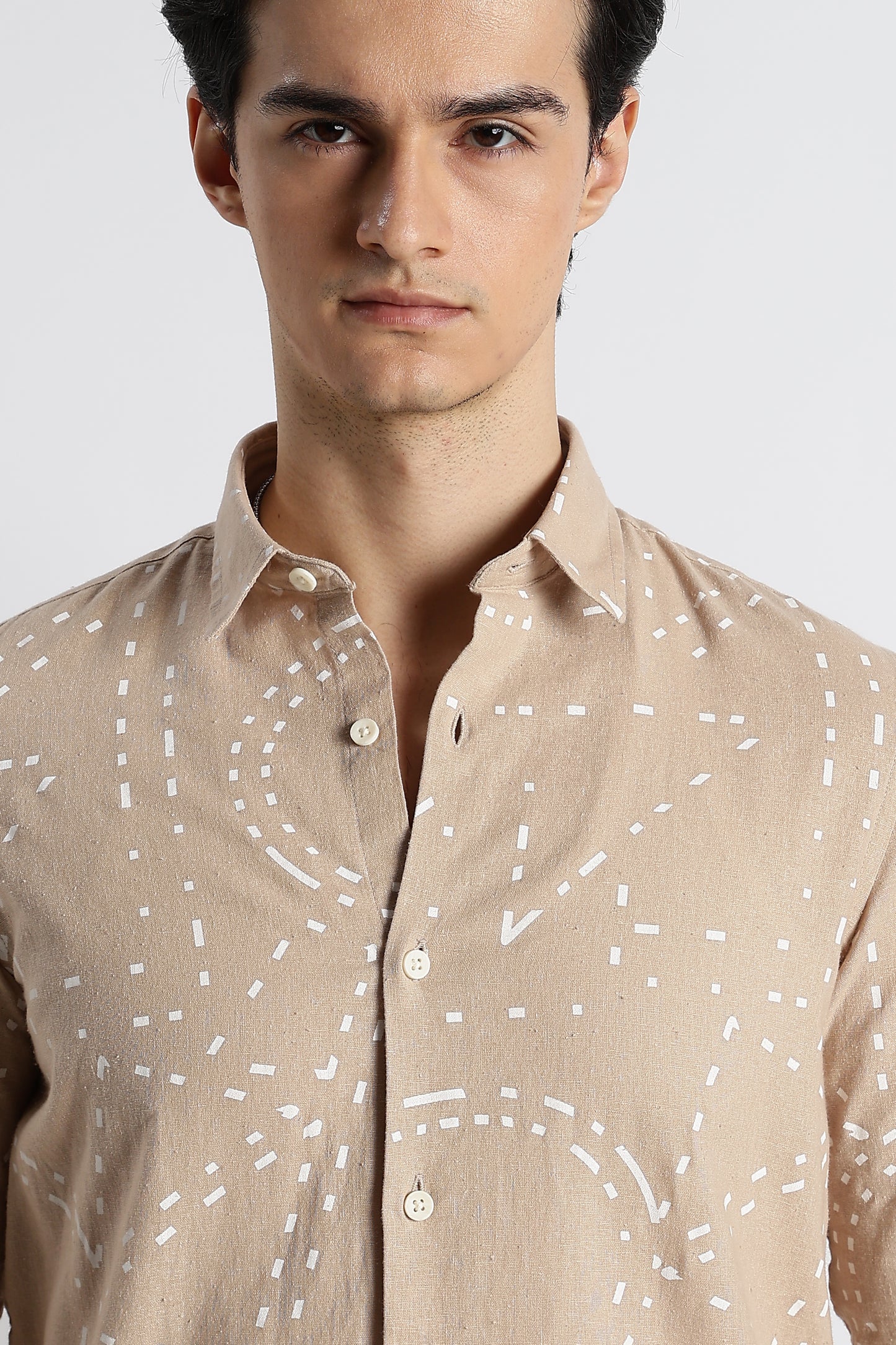 Abstract Geo-Print Shirt in Cotton Linen Cream