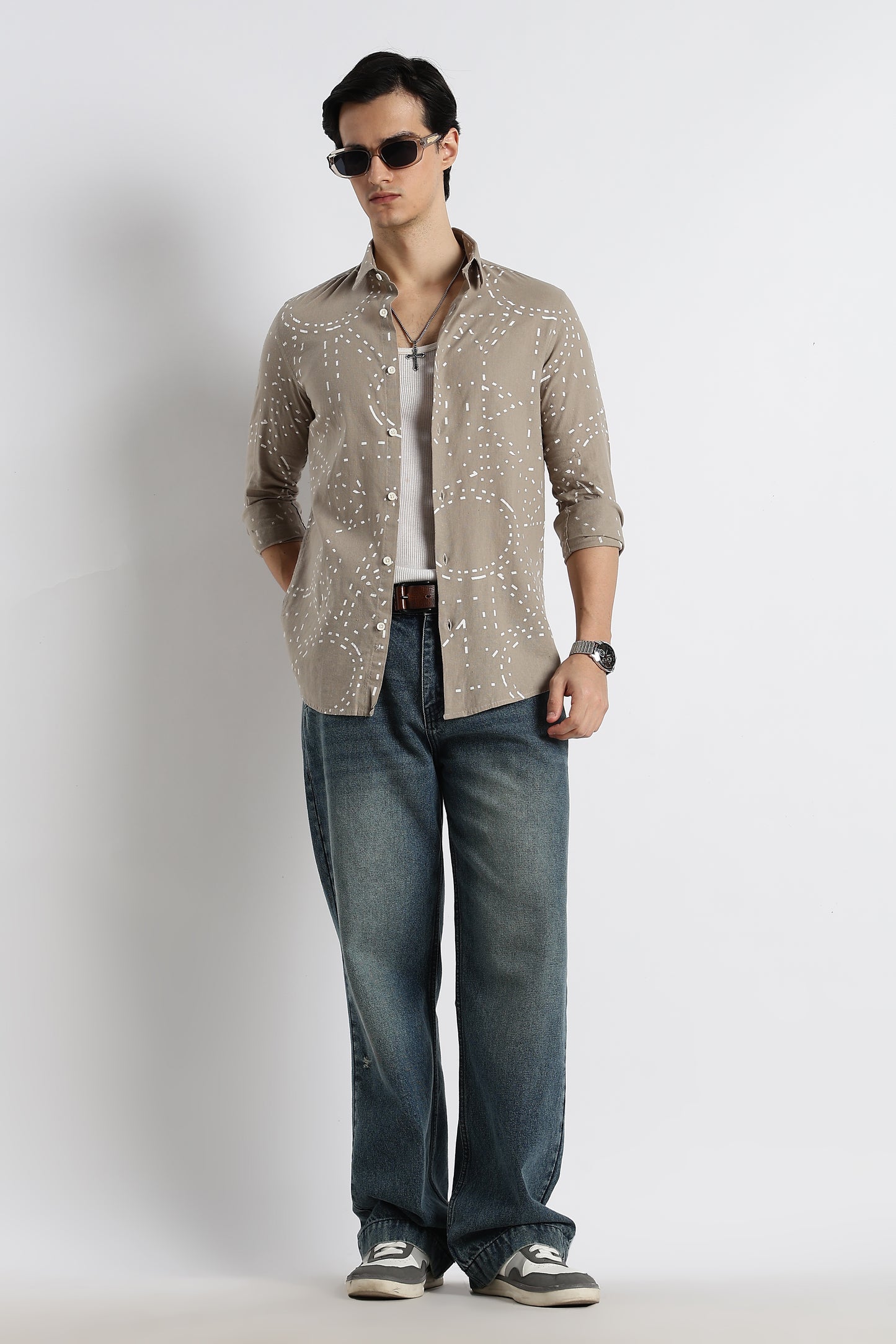 Abstract Geo-Print Shirt in Cotton Linen Grey