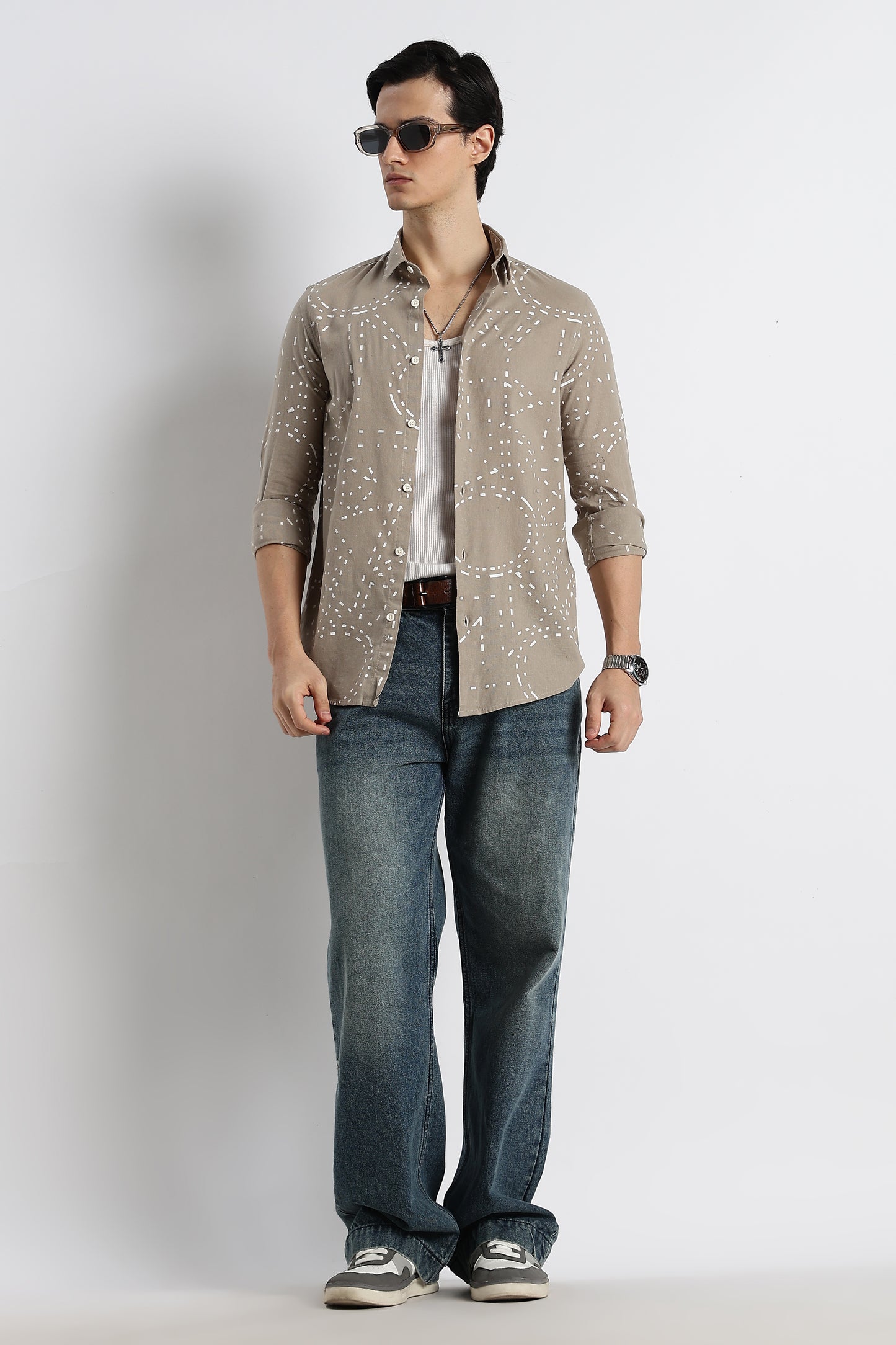 Abstract Geo-Print Shirt in Cotton Linen Grey