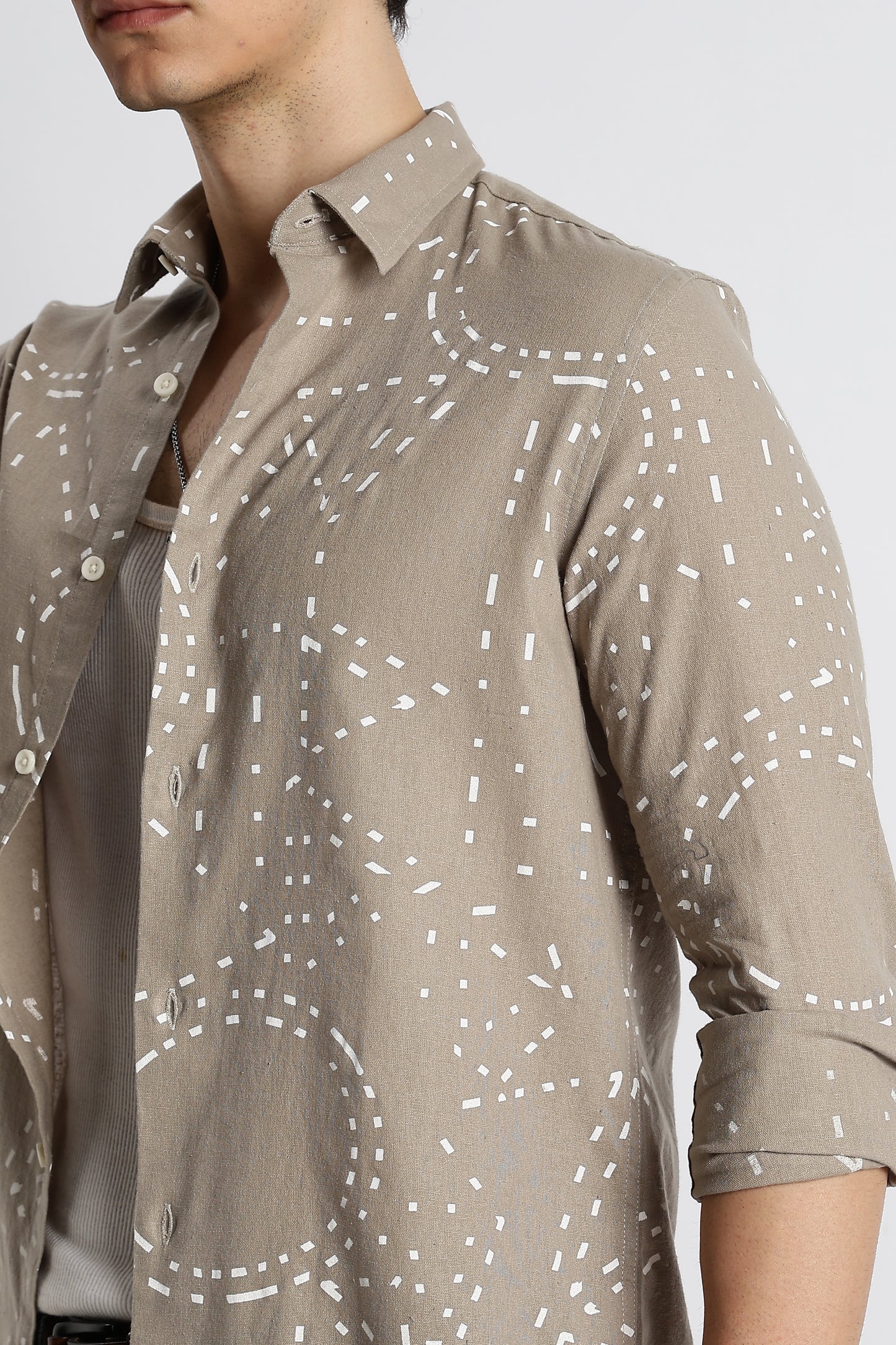 Abstract Geo-Print Shirt in Cotton Linen Grey