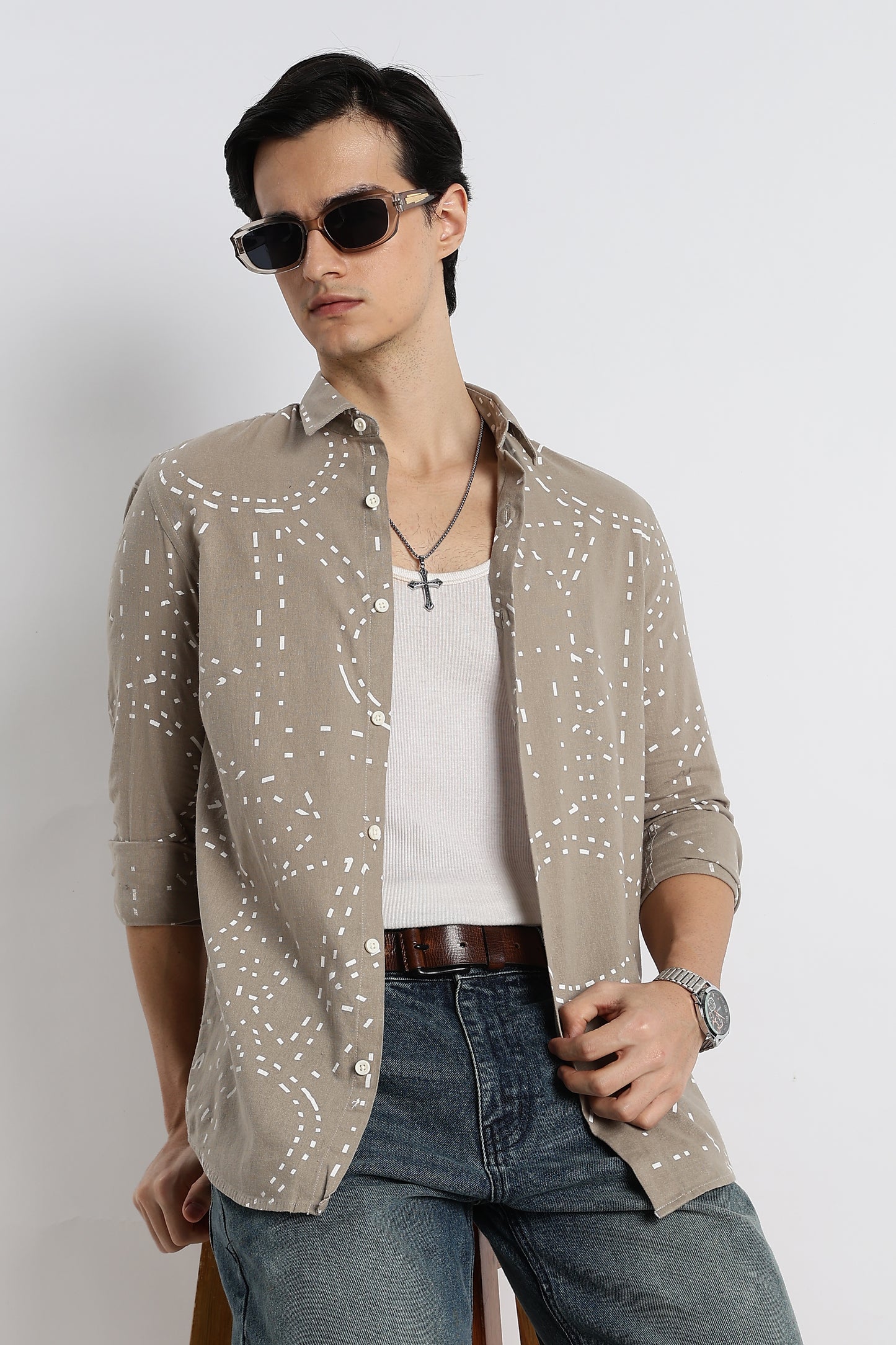 Abstract Geo-Print Shirt in Cotton Linen Grey