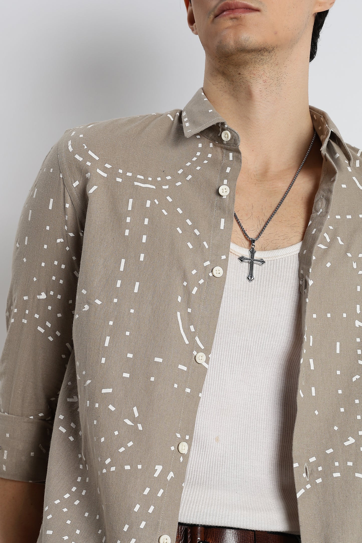 Abstract Geo-Print Shirt in Cotton Linen Grey
