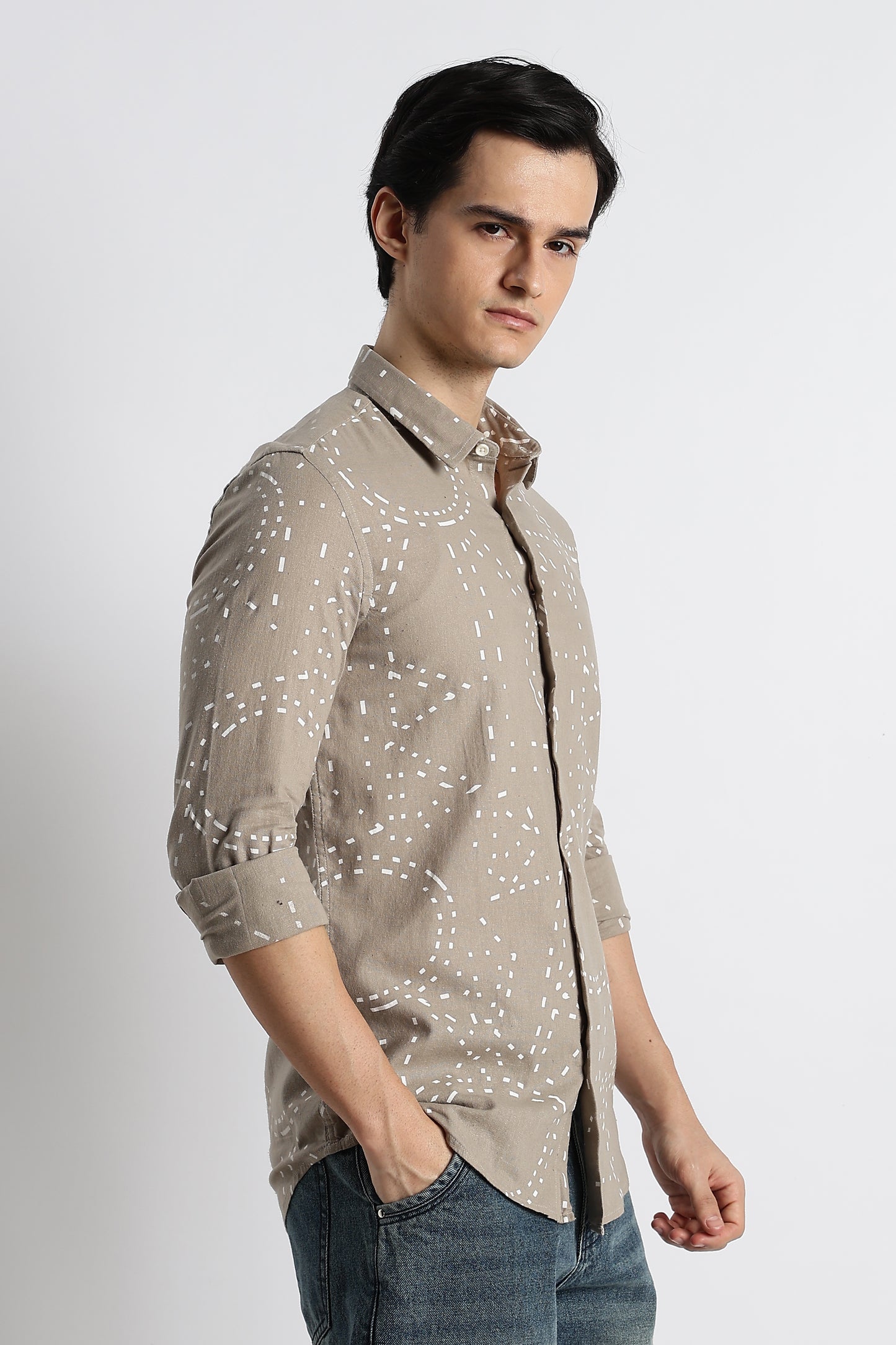 Abstract Geo-Print Shirt in Cotton Linen Grey