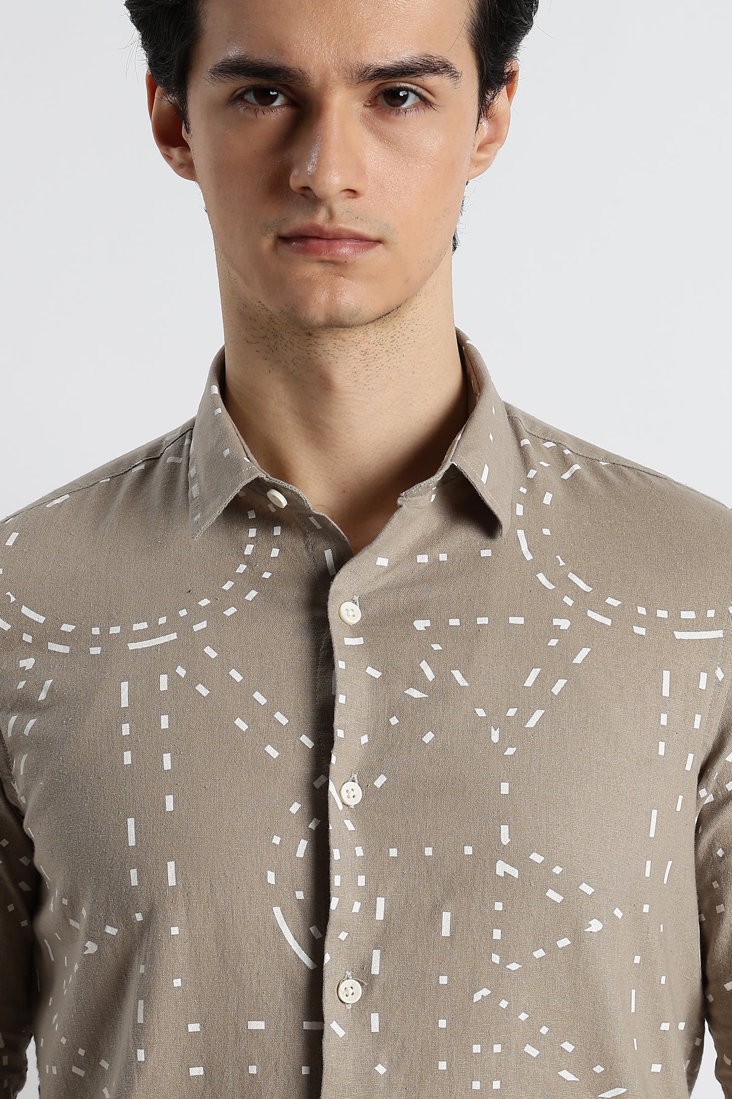 Abstract Geo-Print Shirt in Cotton Linen Grey