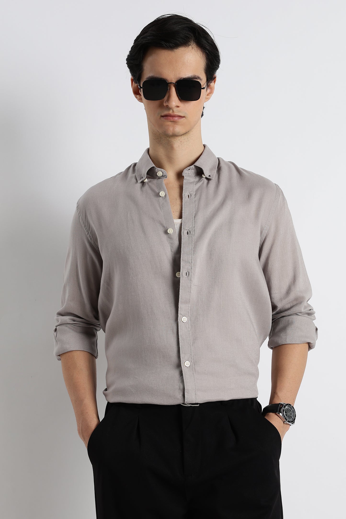 Minimal Cotton-Linen Shirt Grey
