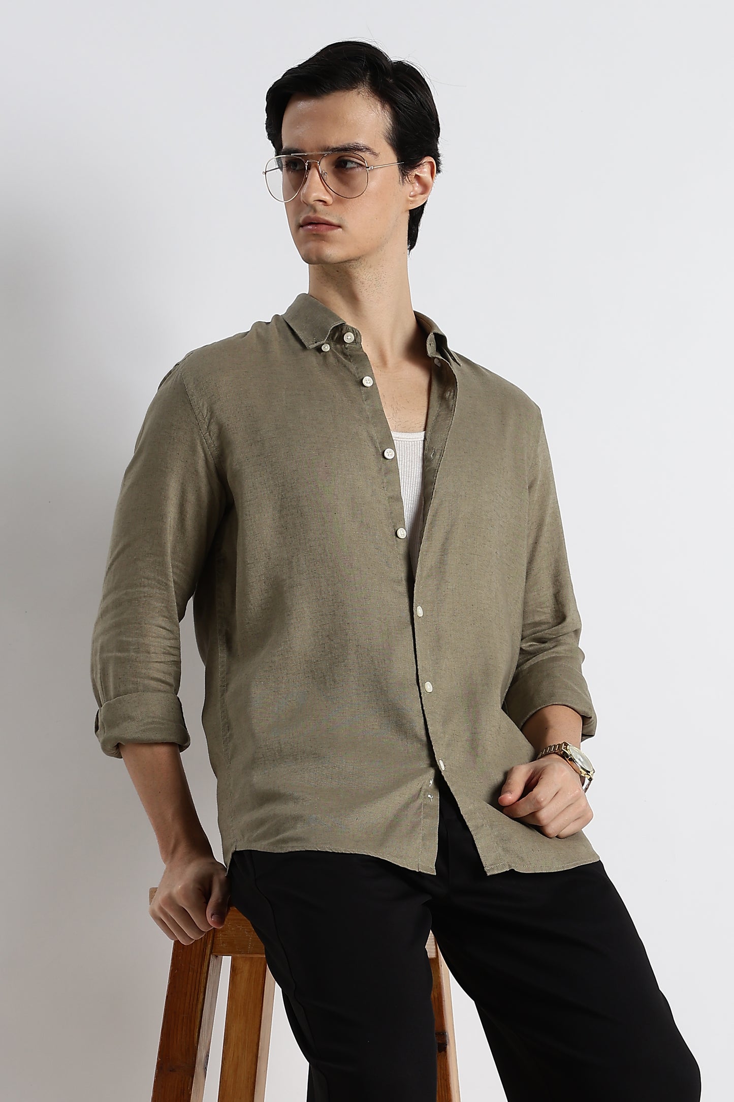 Minimal Cotton-Linen Shirt Green