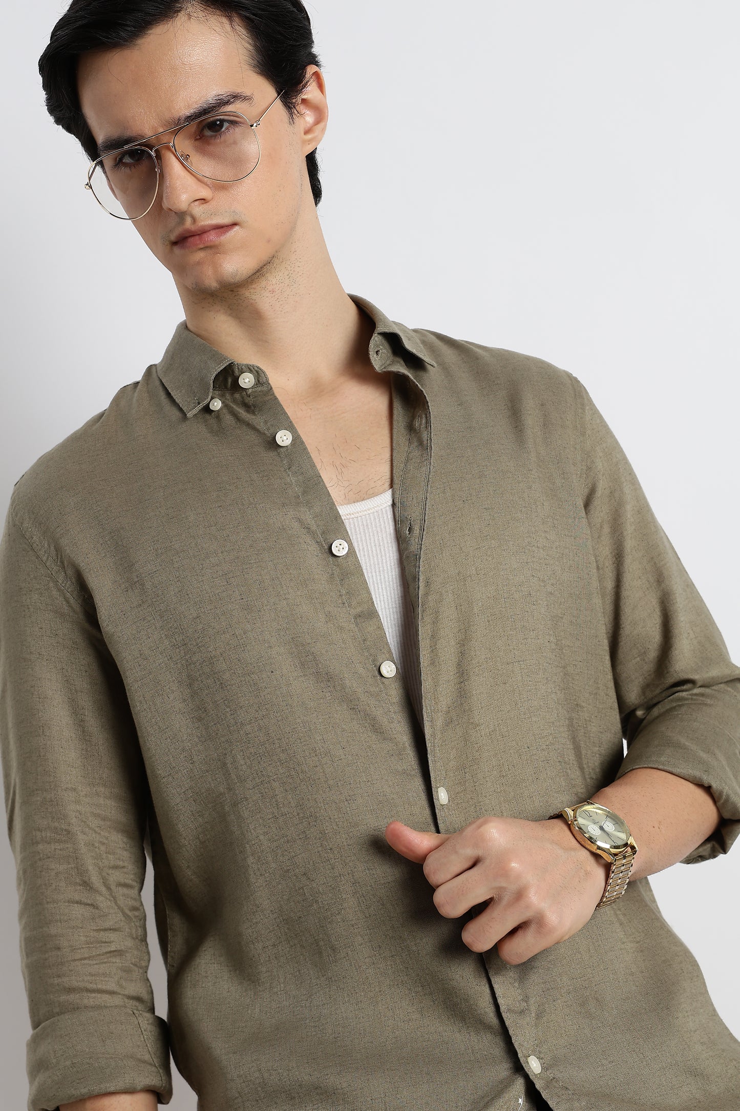 Minimal Cotton-Linen Shirt Green