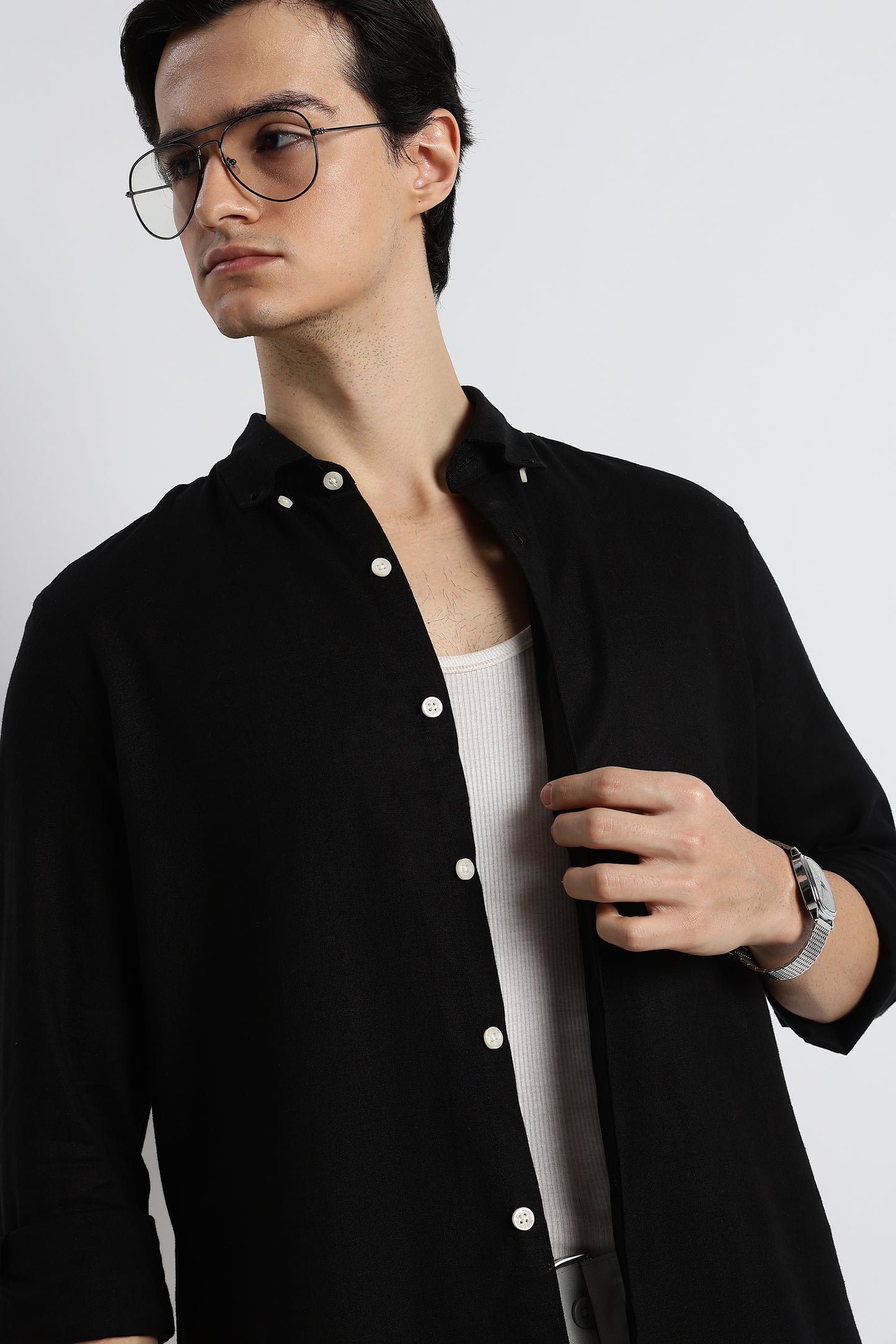 Minimal Cotton-Linen Shirt Black
