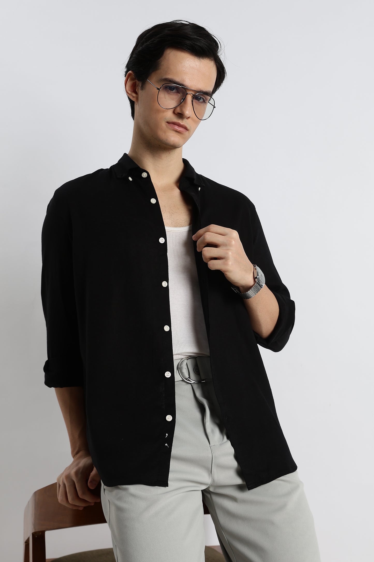 Minimal Cotton-Linen Shirt Black