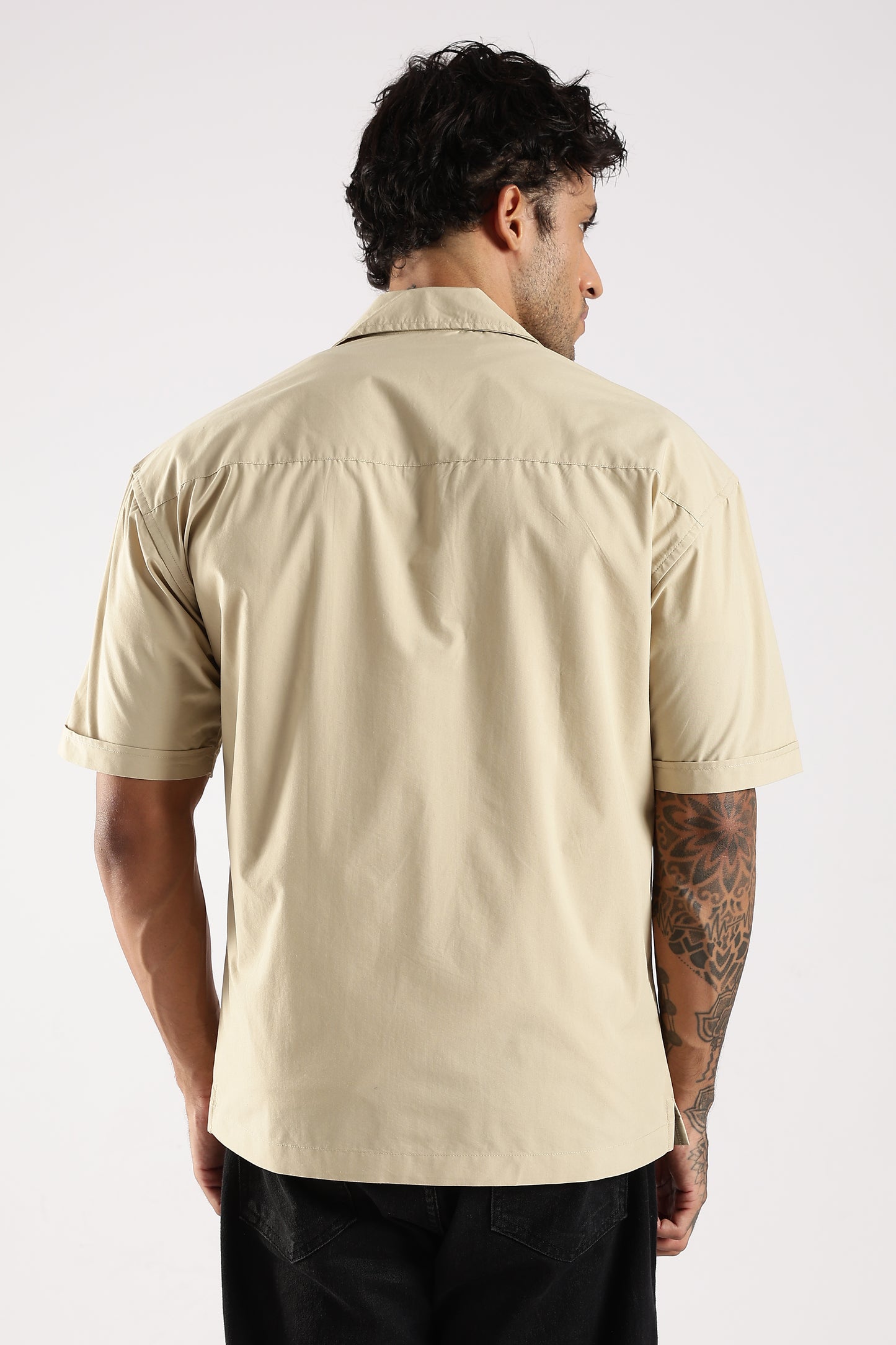 Poly Cotton Slim Fit Zip-Up Shirt Cream