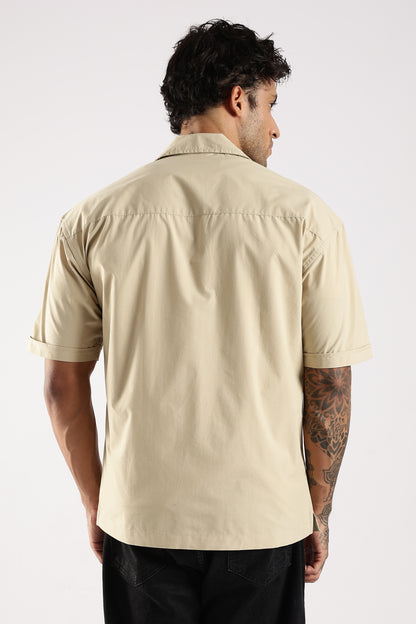Cotton Slim Fit Zip-Up Shirt Cream